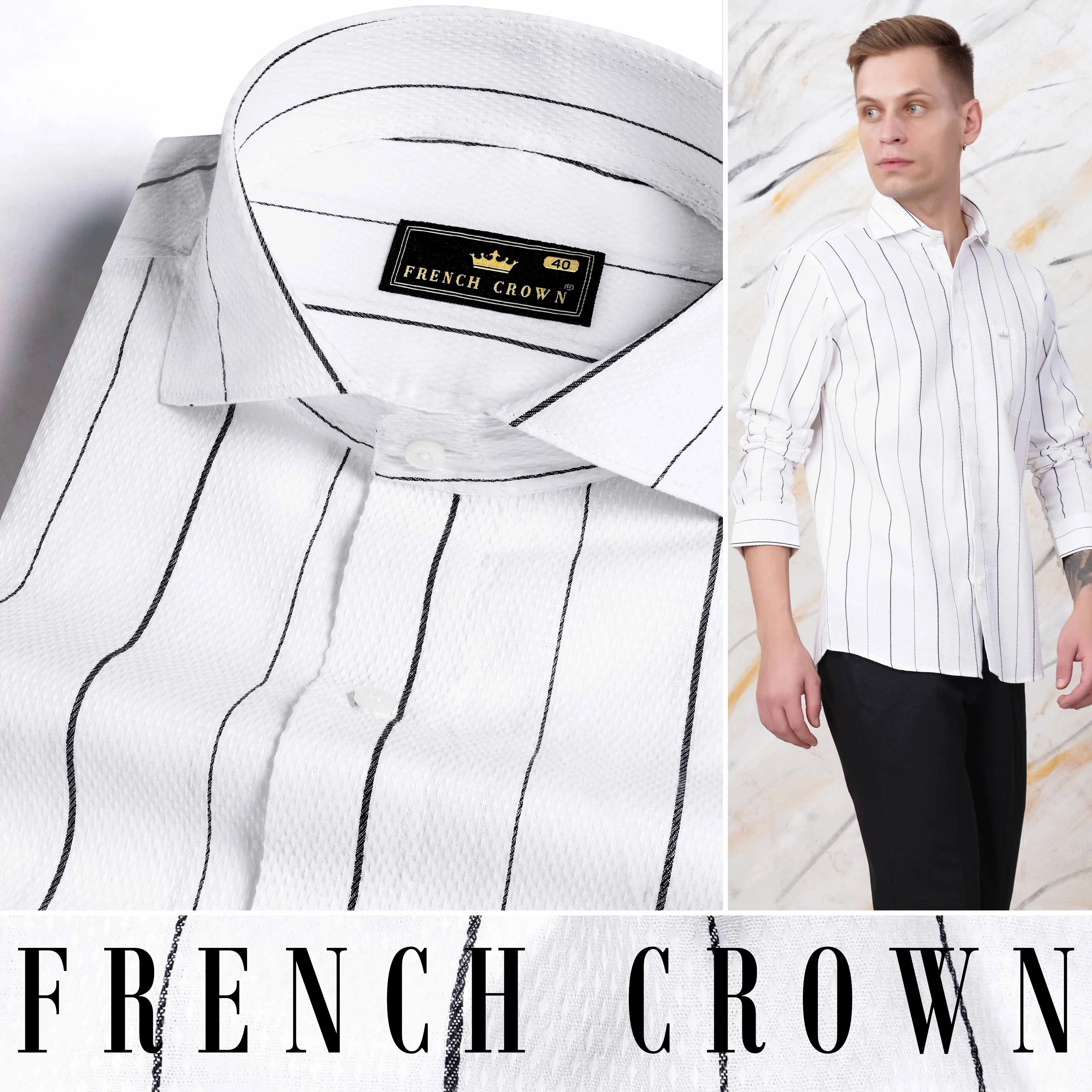 Bright White and Black Striped Dobby Textured Premium Giza Cotton Shirt sold by French Crown product image thumbnail 4