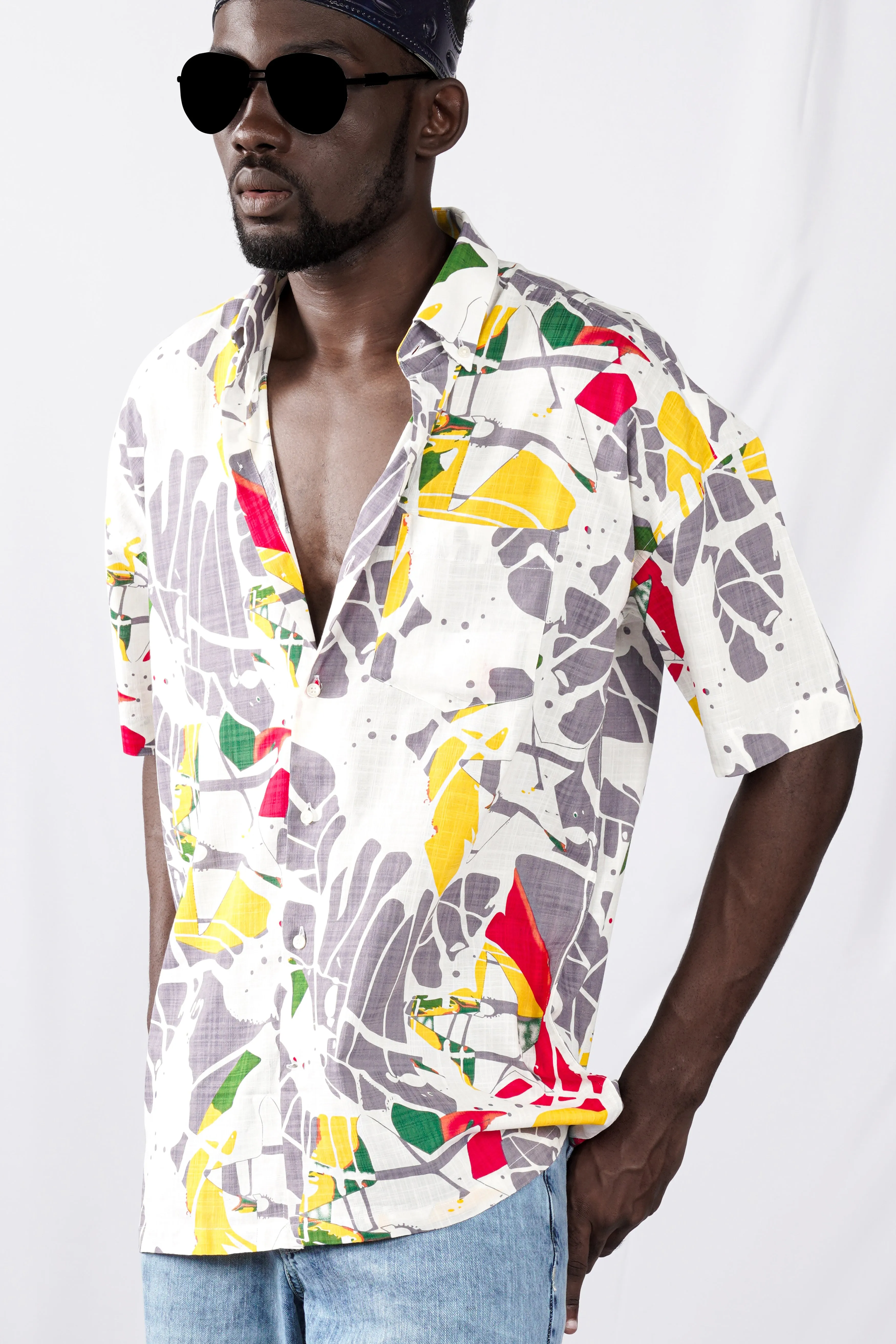 Bright White and Mountbatten Gray Funky Printed Lightweight Premium Cotton Oversized Shirt sold by French Crown product image thumbnail 2