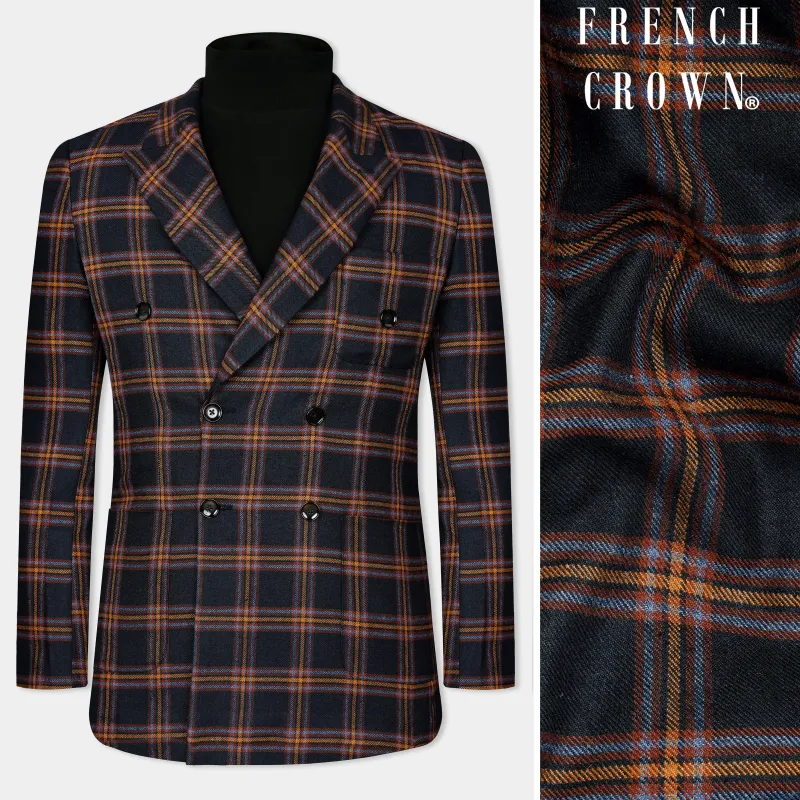 Ebony Blue and Mocha Brown Plaid Tweed Double Breasted Blazer made by French Crown