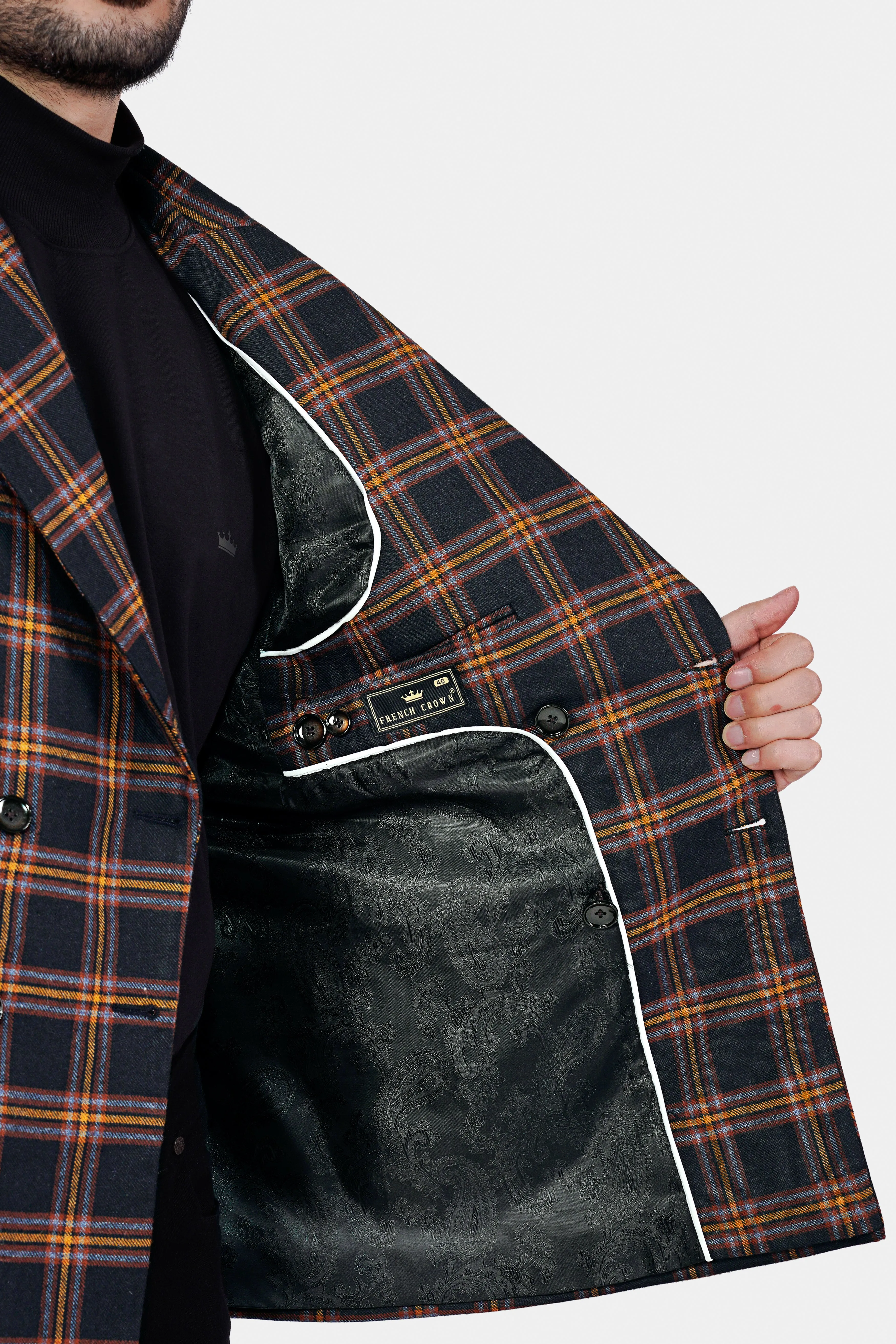 Ebony Blue and Mocha Brown Plaid Tweed Double Breasted Blazer sold by French Crown product image thumbnail 5