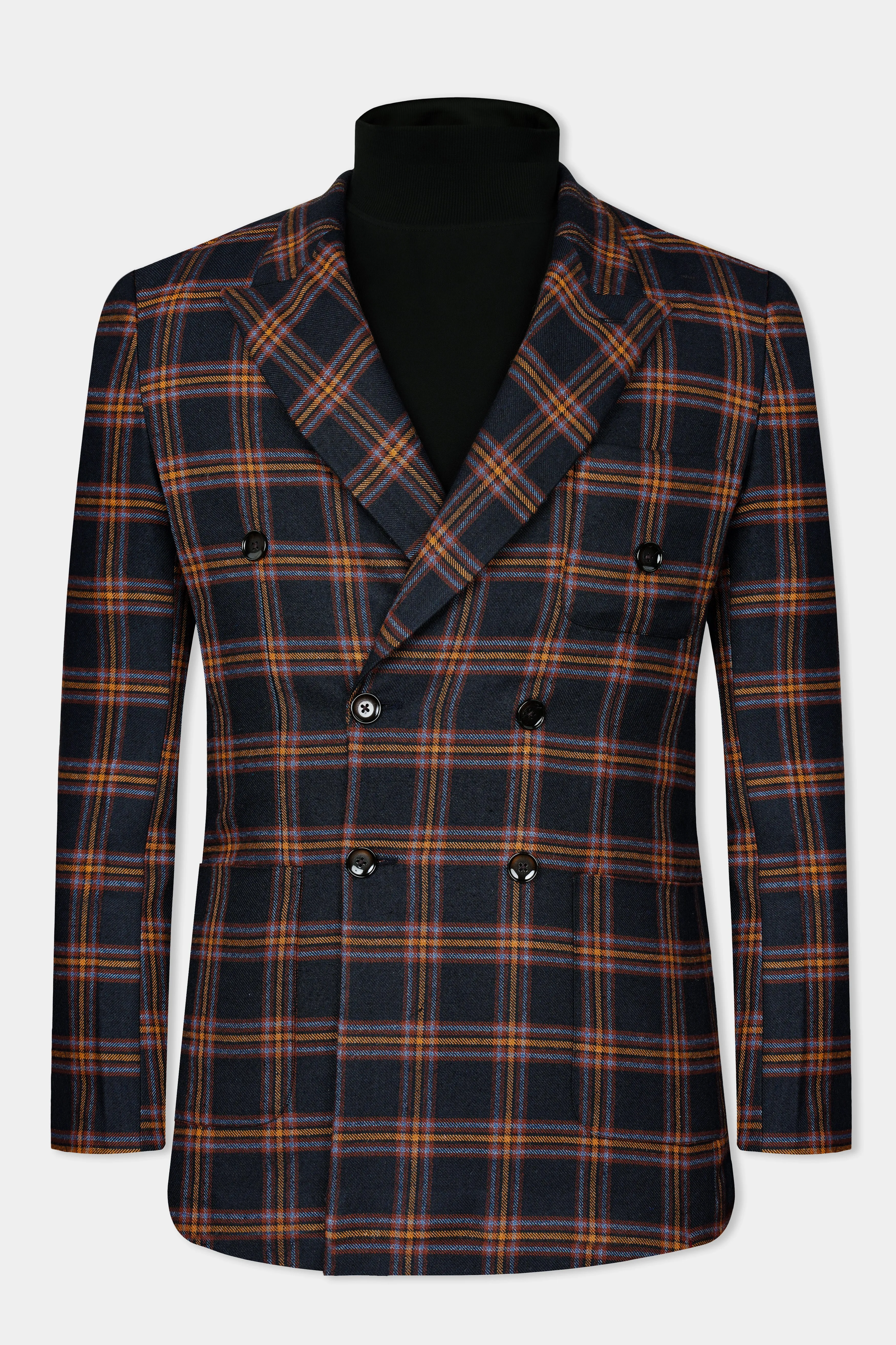 Ebony Blue and Mocha Brown Plaid Tweed Double Breasted Blazer sold by French Crown product image thumbnail 2