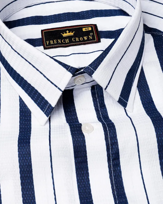 Bright White and Tangaroa Blue Striped Dobby Textured Premium Giza Cotton Shirt sold by French Crown