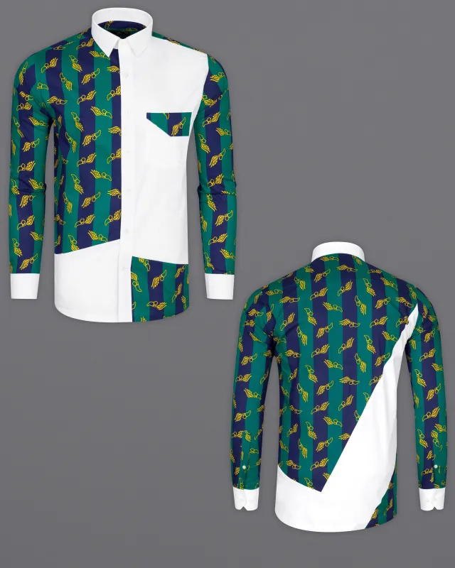 Bright White with Deep Teal Green and Cloud Burst Blue Printed Premium Cotton Designer Shirt sold by French Crown