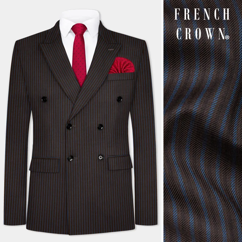Eclipse Brown with Kashmir Blue Striped Wool Blend Double Breasted Blazer sold by French Crown