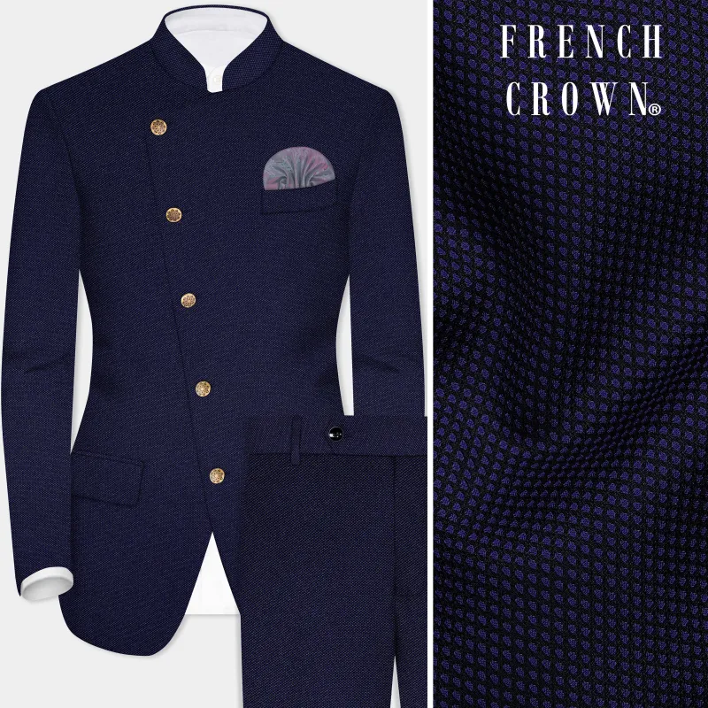 Deep Cove Blue Wool Rich Cross Placket Bandhgala Suit sold by French Crown