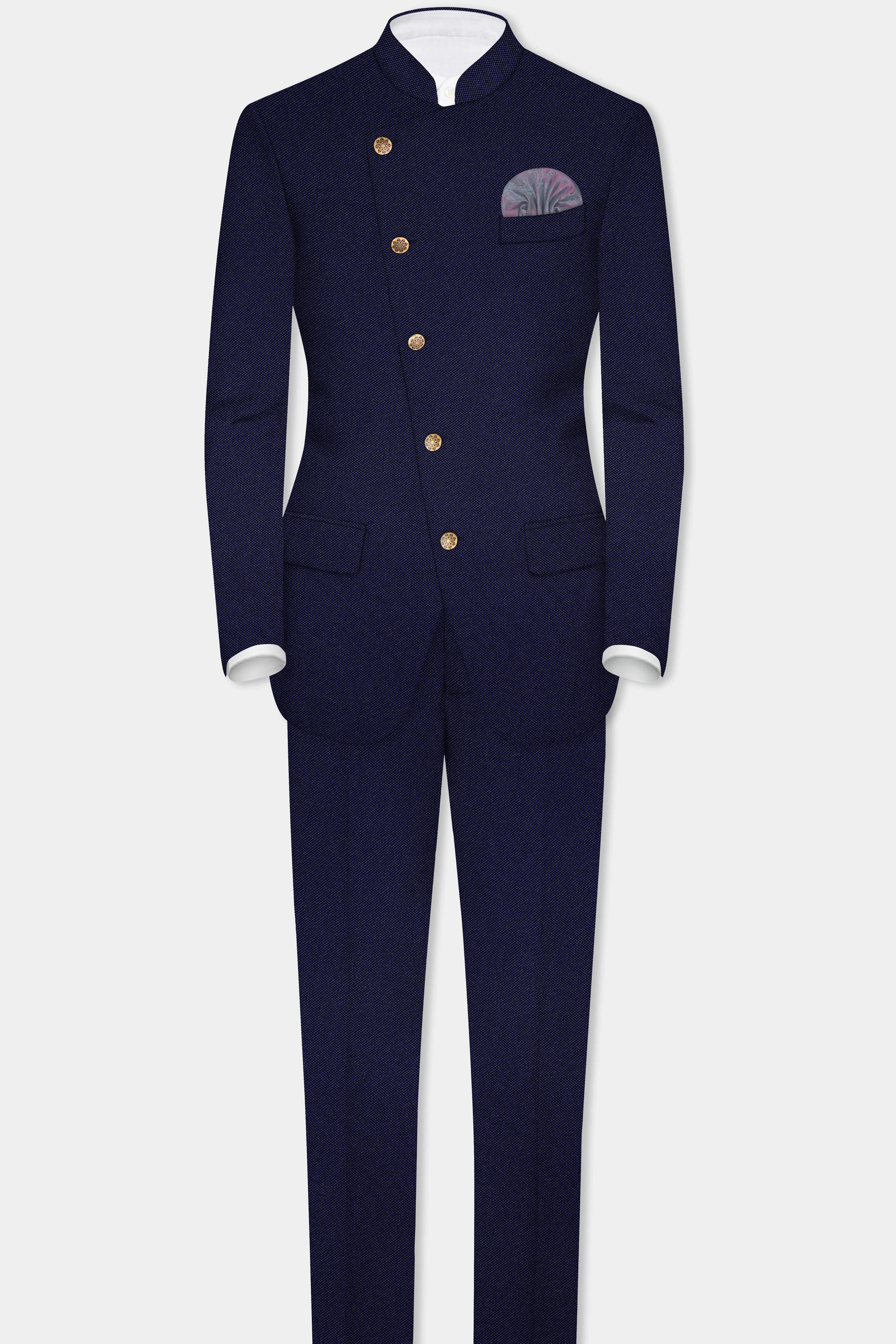 Deep Cove Blue Wool Rich Cross Placket Bandhgala Suit sold by French Crown product image thumbnail 4