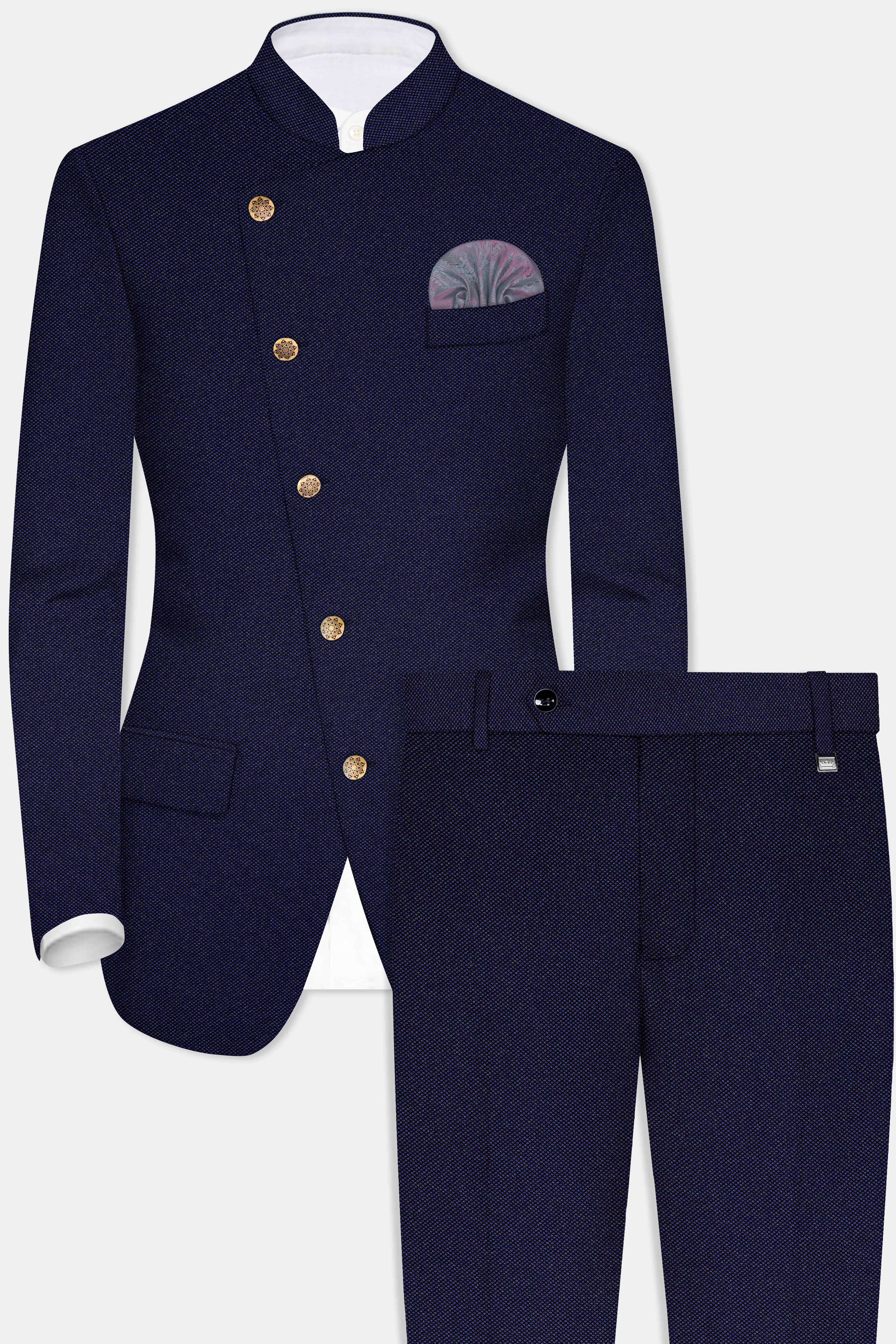 Deep Cove Blue Wool Rich Cross Placket Bandhgala Suit sold by French Crown product image thumbnail 2