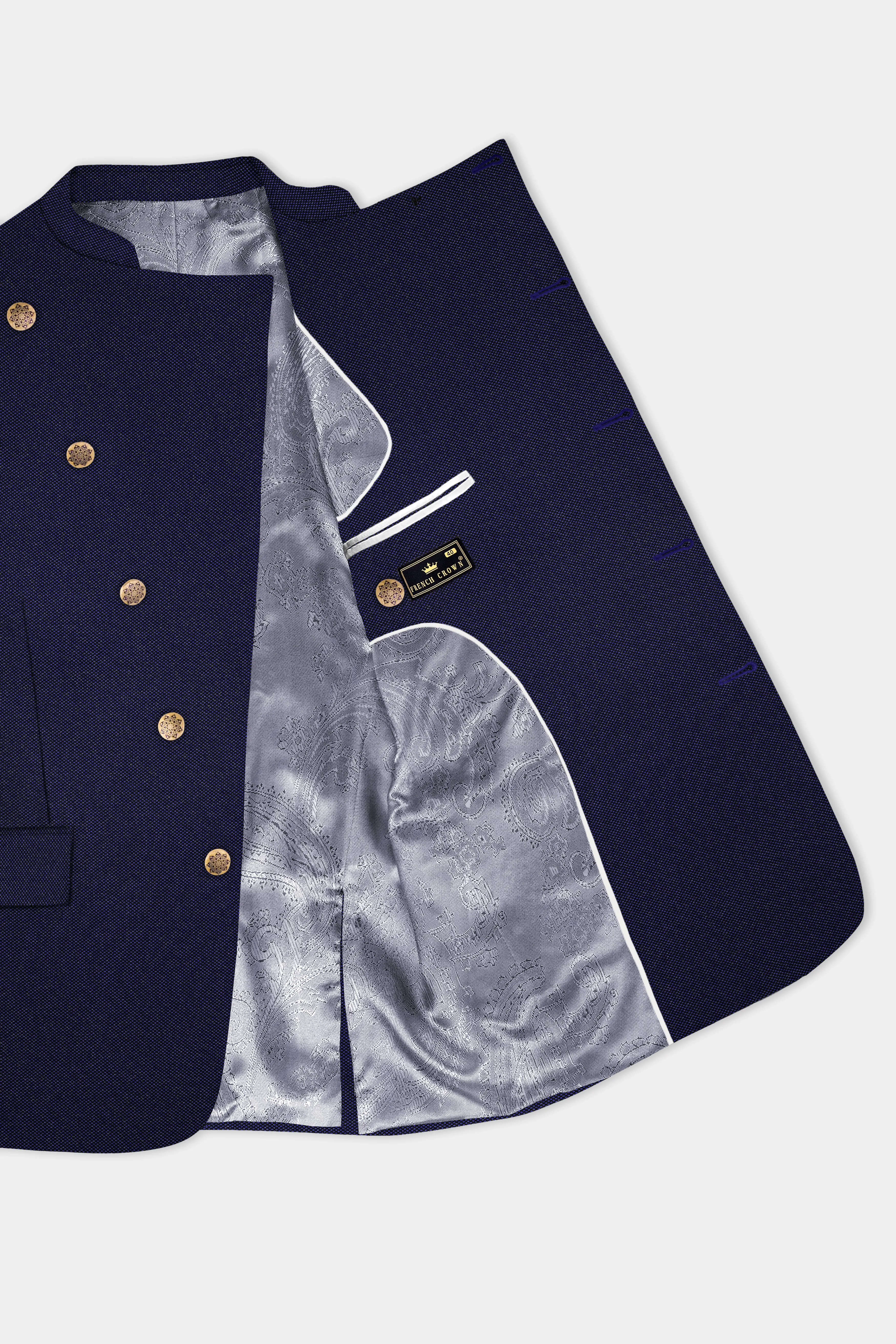 Deep Cove Blue Wool Rich Cross Placket Bandhgala Suit sold by French Crown product image thumbnail 5