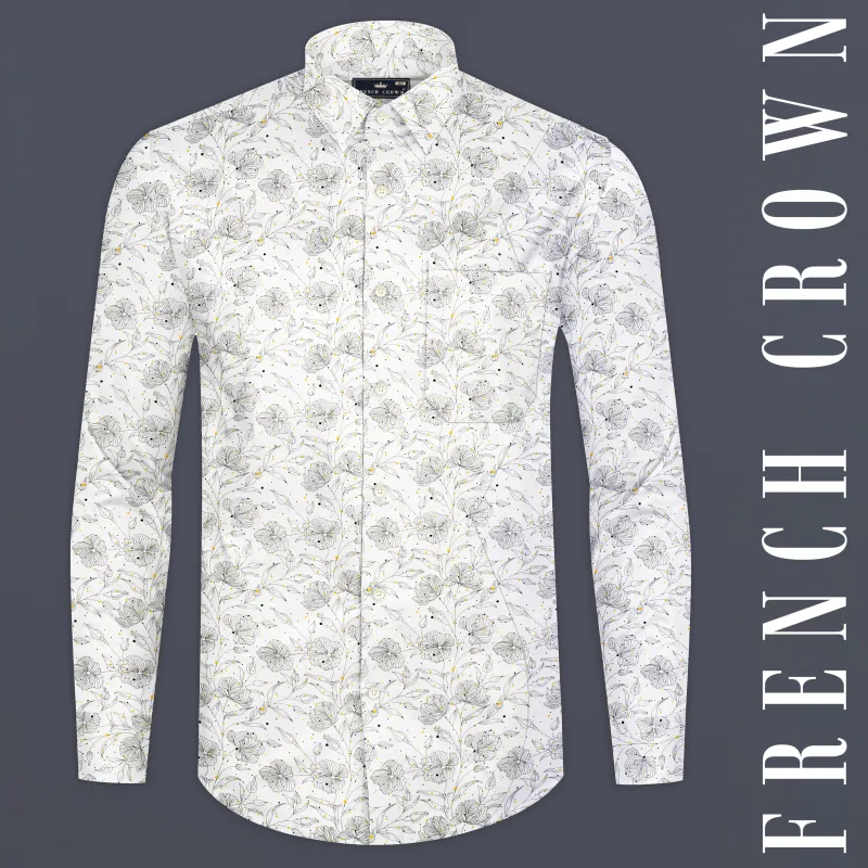 Bright White Floral Printed Subtle Sheen Super Soft Premium Cotton Shirt sold by French Crown