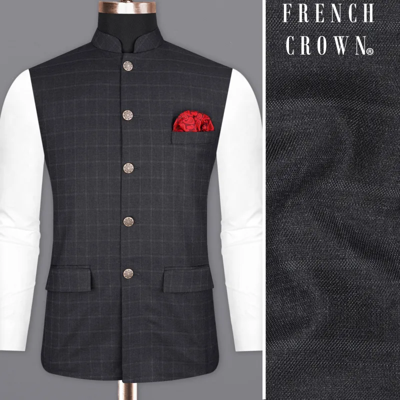 Bastille Light Black Windowpane Bandhgala Nehru Jacket sold by French Crown