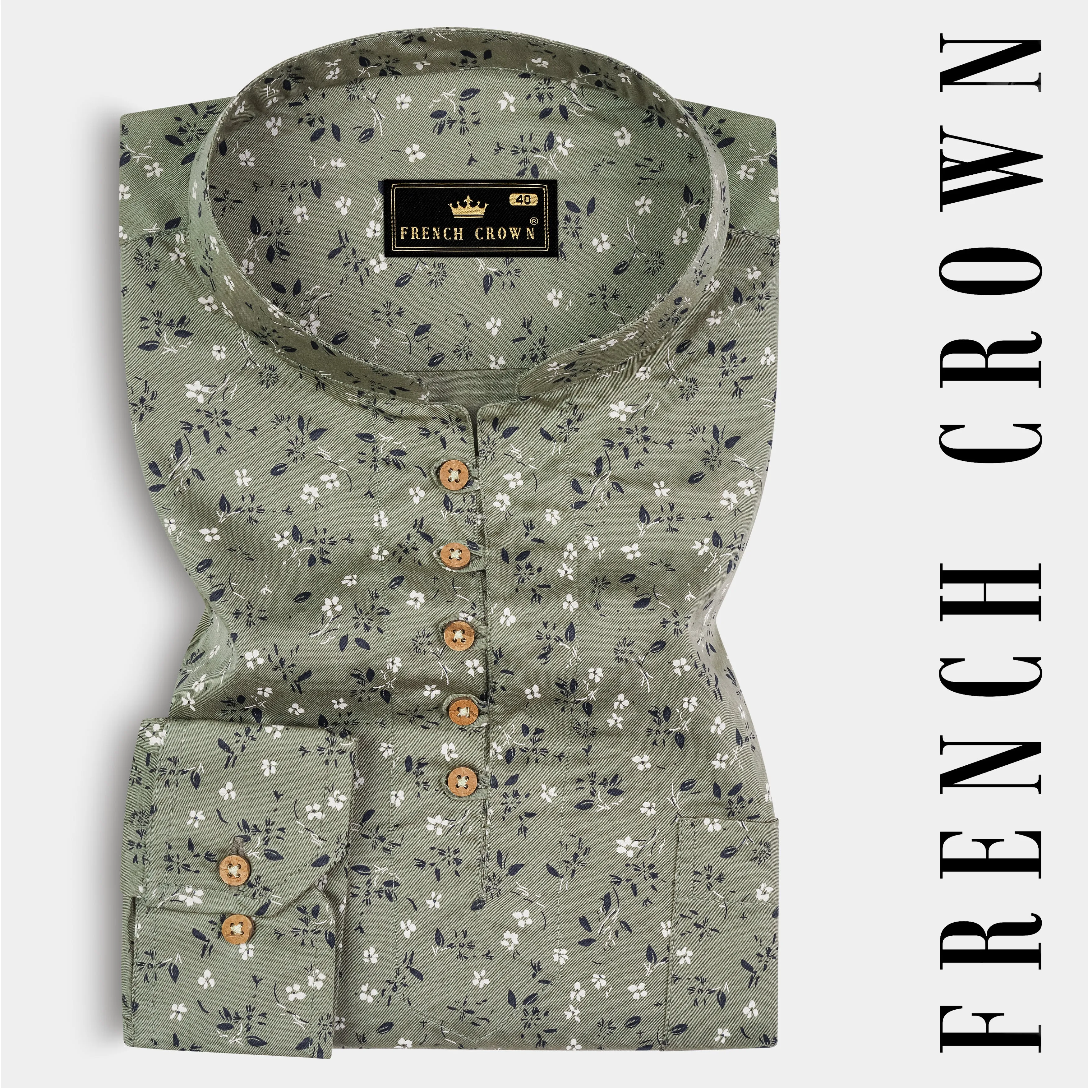 Pale Green Floral Printed Twill Premium Cotton Kurta Shirt sold by French Crown