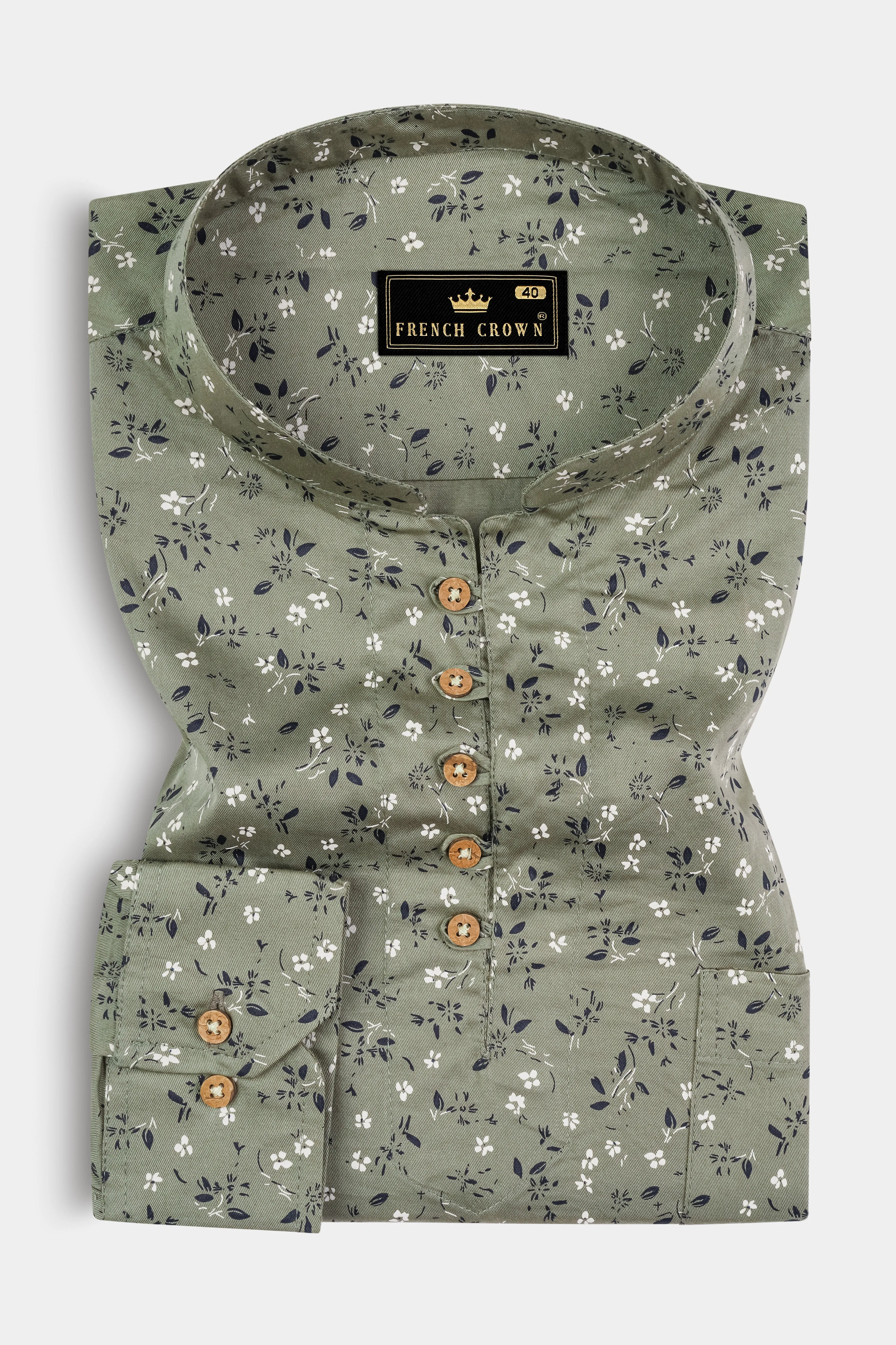 Pale Green Floral Printed Twill Premium Cotton Kurta Shirt sold by French Crown product image thumbnail 2