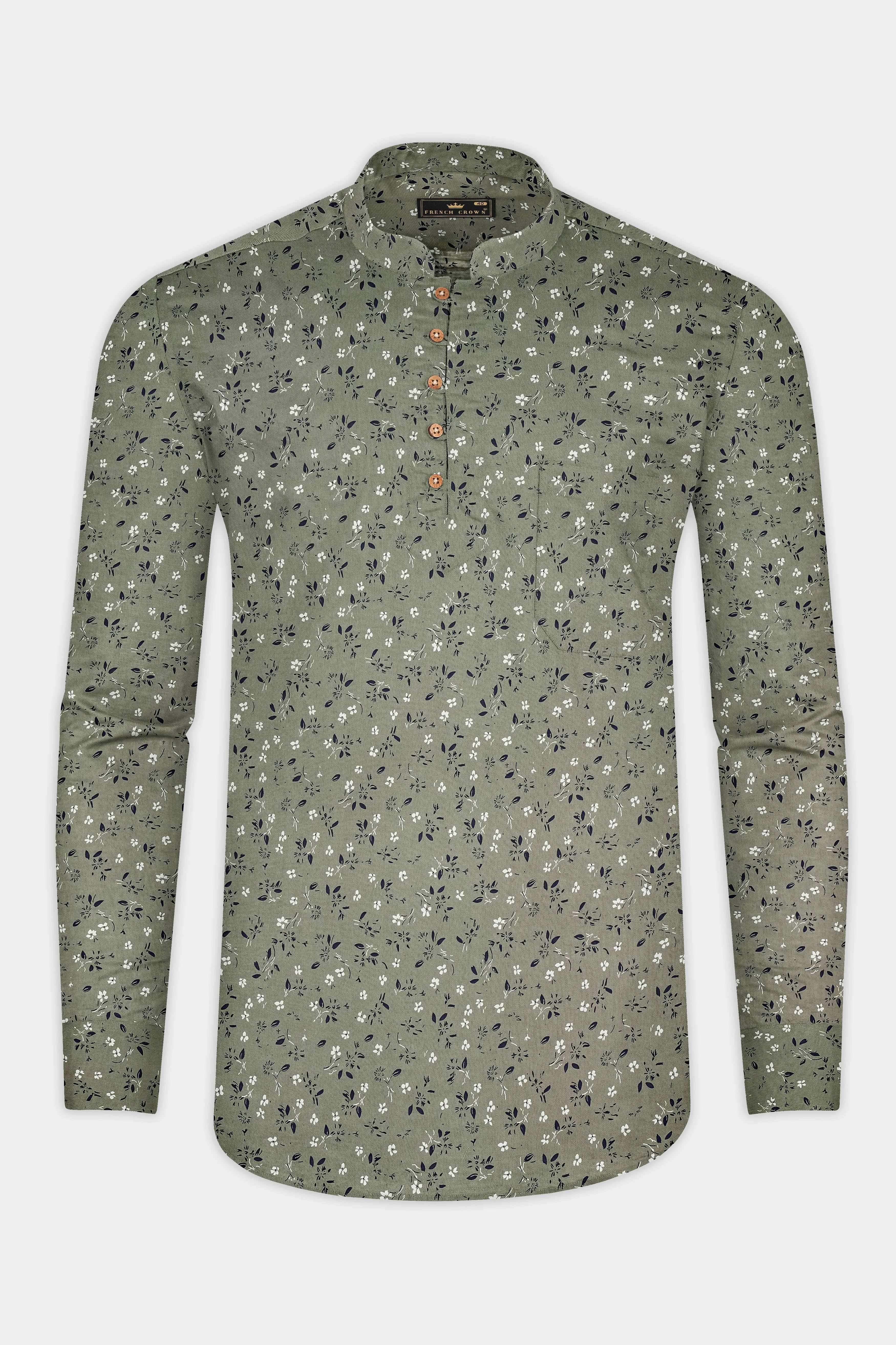 Pale Green Floral Printed Twill Premium Cotton Kurta Shirt sold by French Crown product image thumbnail 5