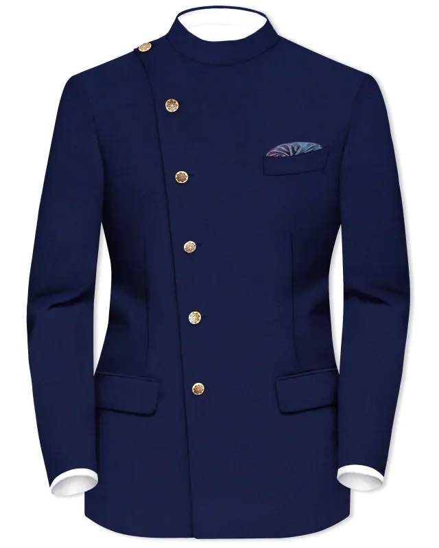 Gunmetal Blue Cross Placket Bandhgala Blazer sold by French Crown