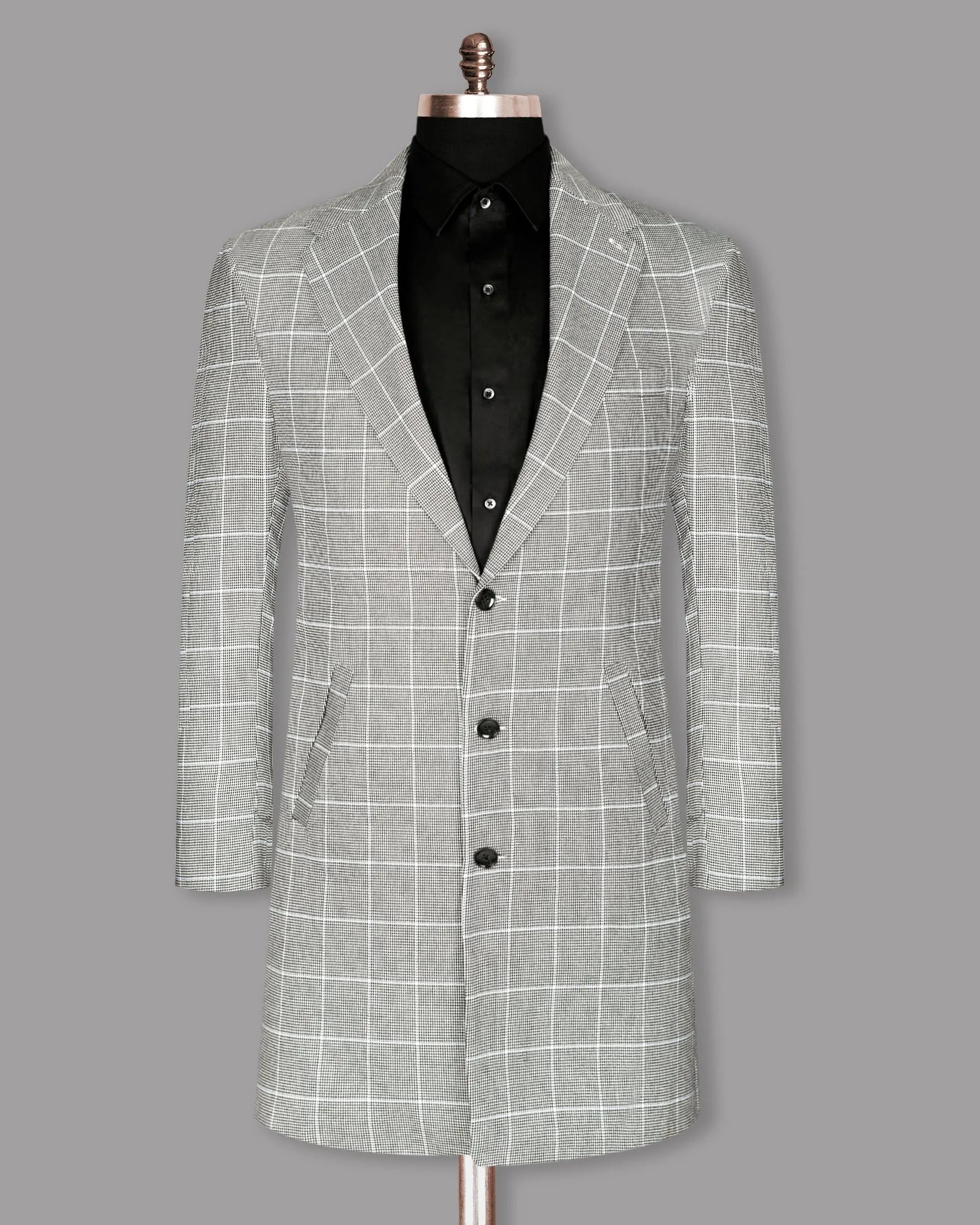 Black and White Houndstooth Windowpane Stretchable Trench Coat sold by French Crown product image thumbnail 2