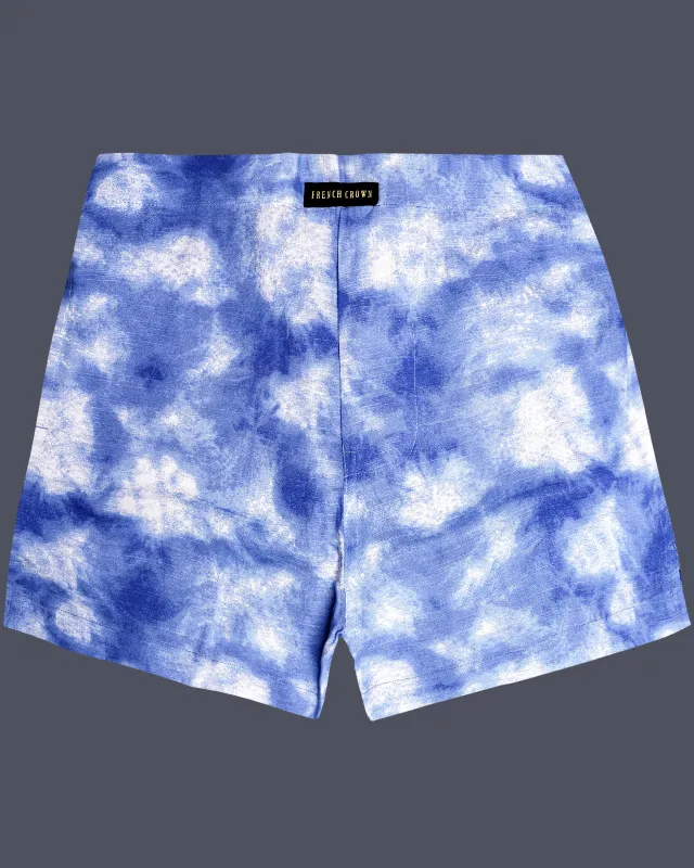 Iris Blue And Bright white Tie-Dye Printed Luxurious Linen Boxer sold by French Crown