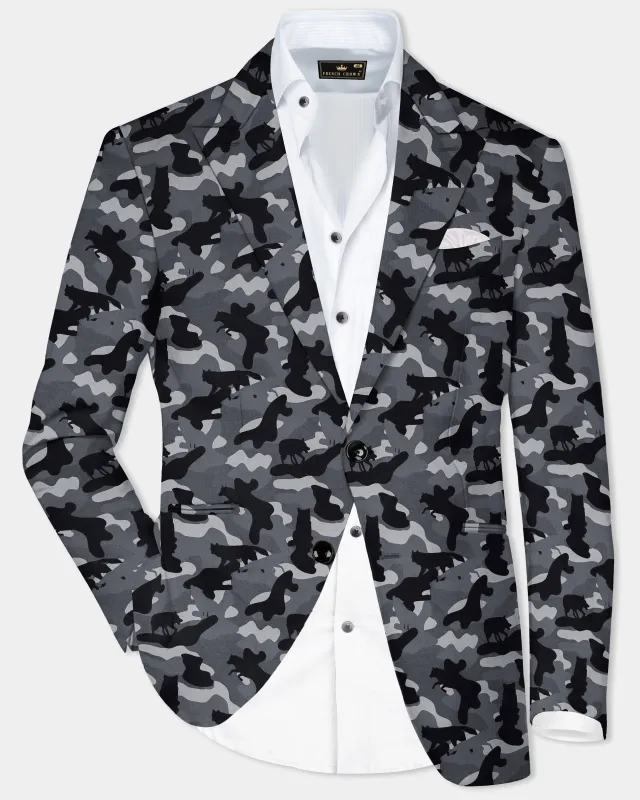 Carbon Gray And Cinder Black Camouflage Printed Cotton Single Breasted Blazer sold by French Crown