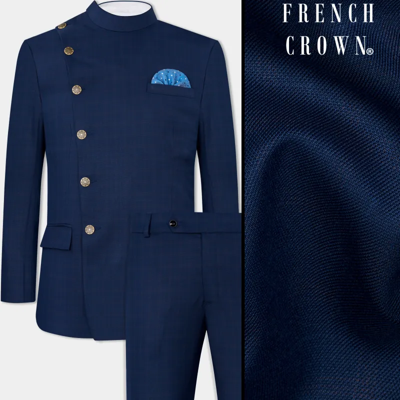 Nile Blue Wool Rich Cross Placket Bandhgala Suit sold by French Crown