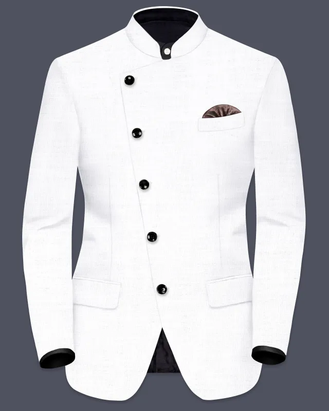 Bright White Solid Wool Rich Cross Placket Bandhgala Luxurious Linen Blazer sold by French Crown