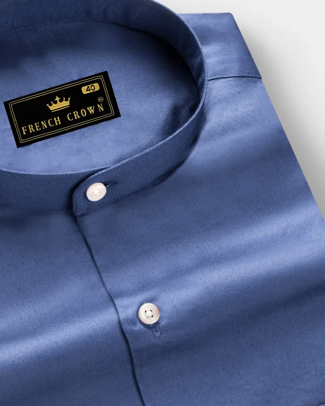 Tidepool-Glaucous Blue Subtle Sheen Super Soft Premium Cotton Semi Formal Mandarin Collar Shirt sold by French Crown