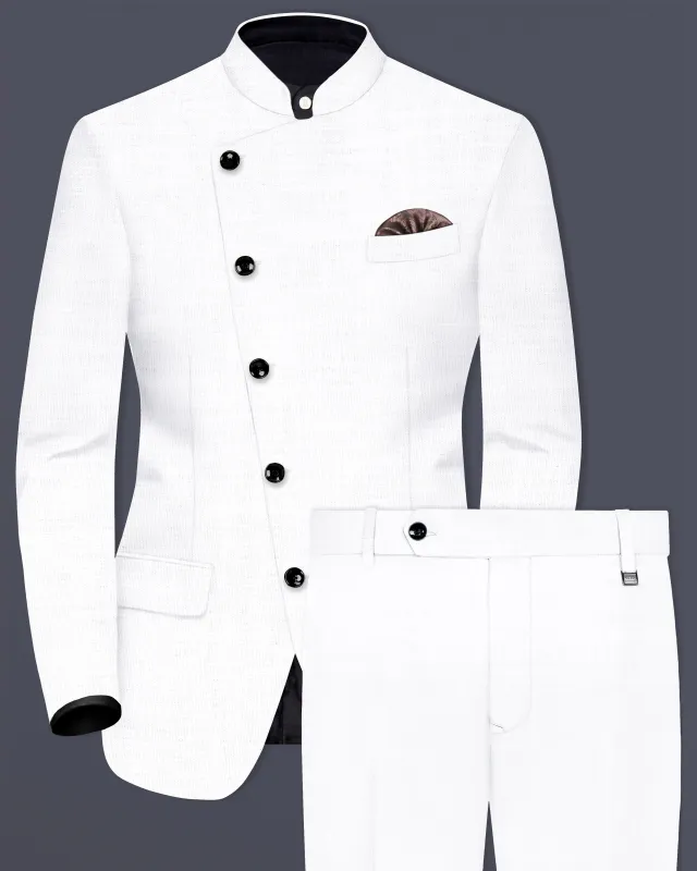 Bright White Solid Wool Rich Cross Placket Bandhgala Luxurious Linen Suit sold by French Crown