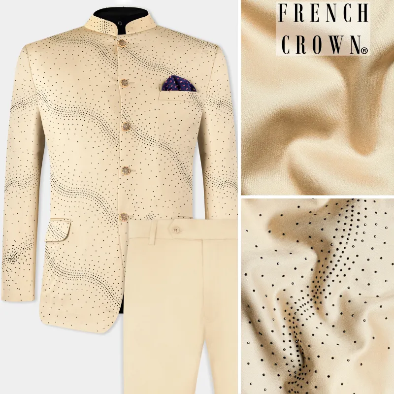Ivory Cream Stonework Wool Rich Bandhgala Designer Suit sold by French Crown