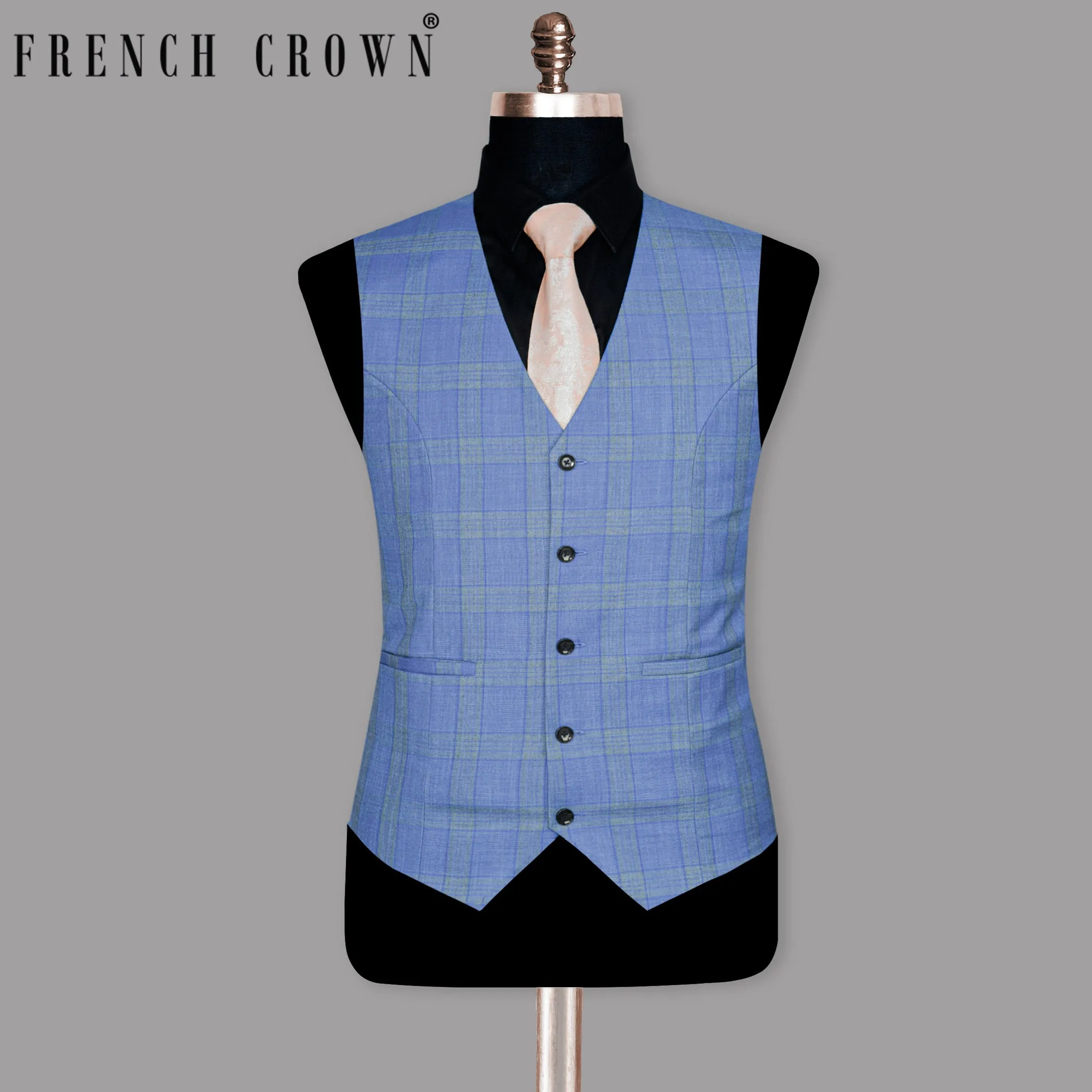 Sky Windowpane Wool Blend Waistcoat sold by French Crown