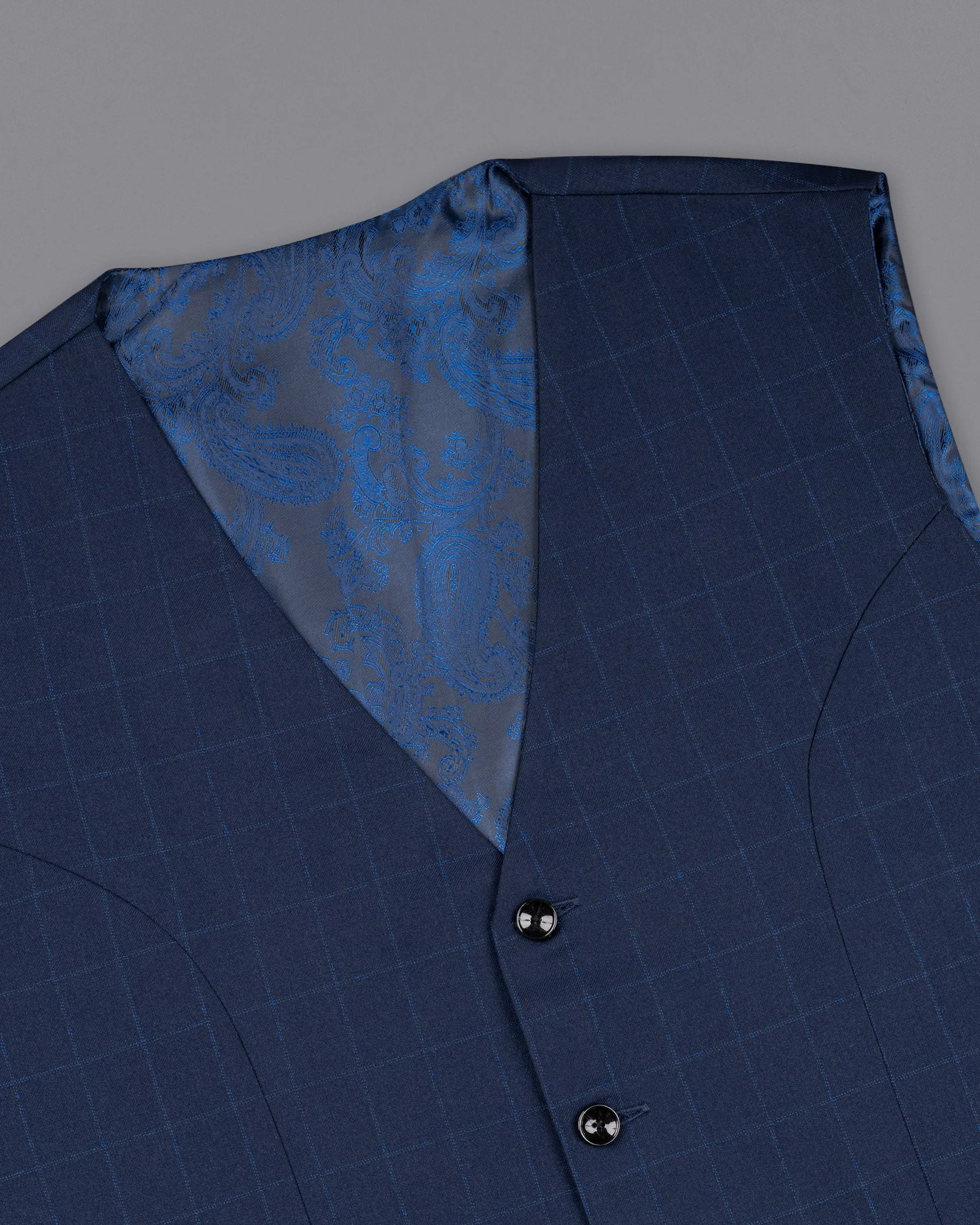 Big Stone Blue Super fine Subtle Checkered Wool Rich Waistcoat sold by French Crown product image thumbnail 4