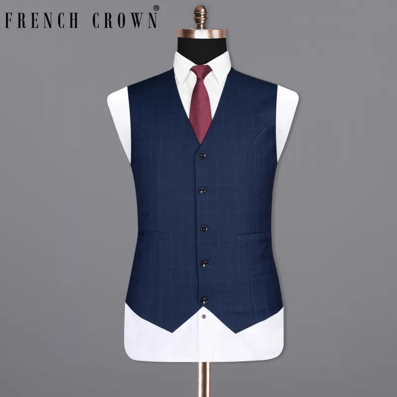 Big Stone Blue Super fine Subtle Checkered Wool Rich Waistcoat sold by French Crown