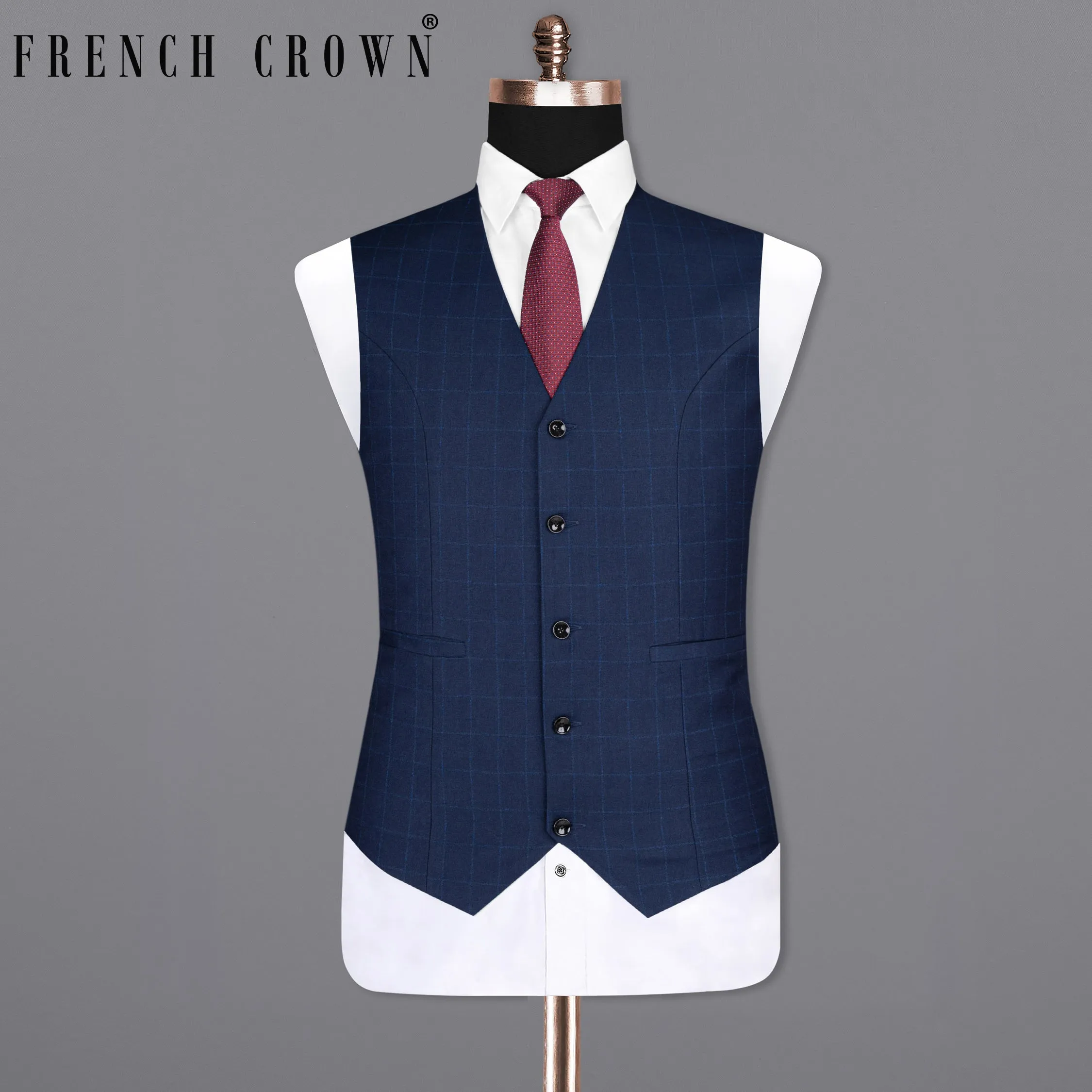 Big Stone Blue Super fine Subtle Checkered Wool Rich Waistcoat sold by French Crown