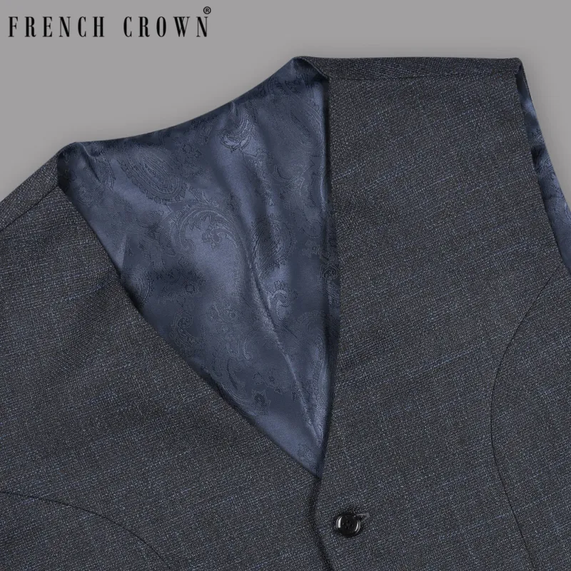 Charcoal with tonal and sky Slubbed Wool Rich Waistcoat sold by French Crown