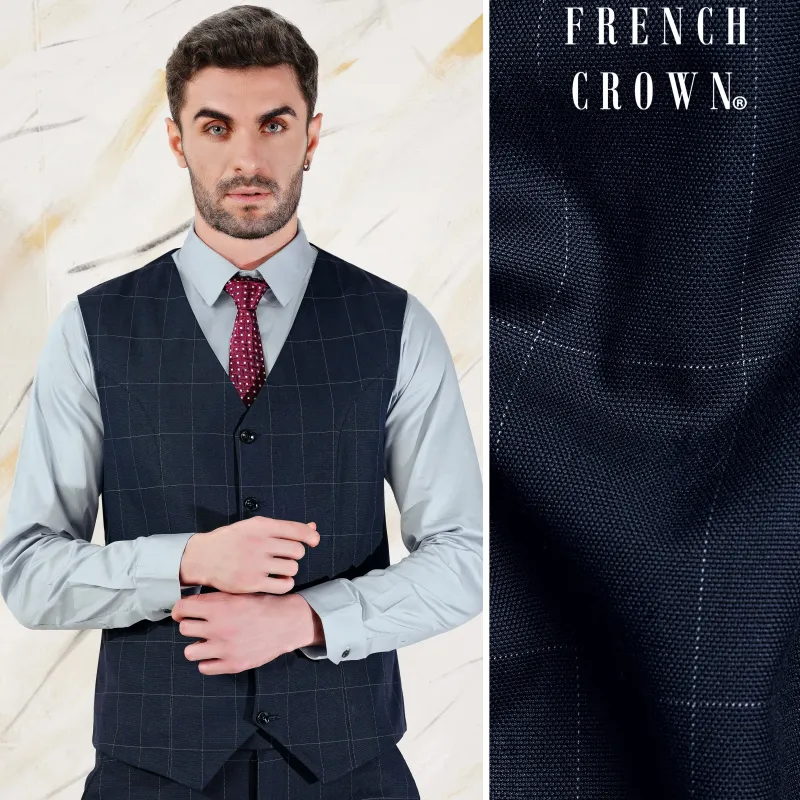 Ebony Blue and Bright White Windowpane Premium Cotton Waistcoat sold by French Crown