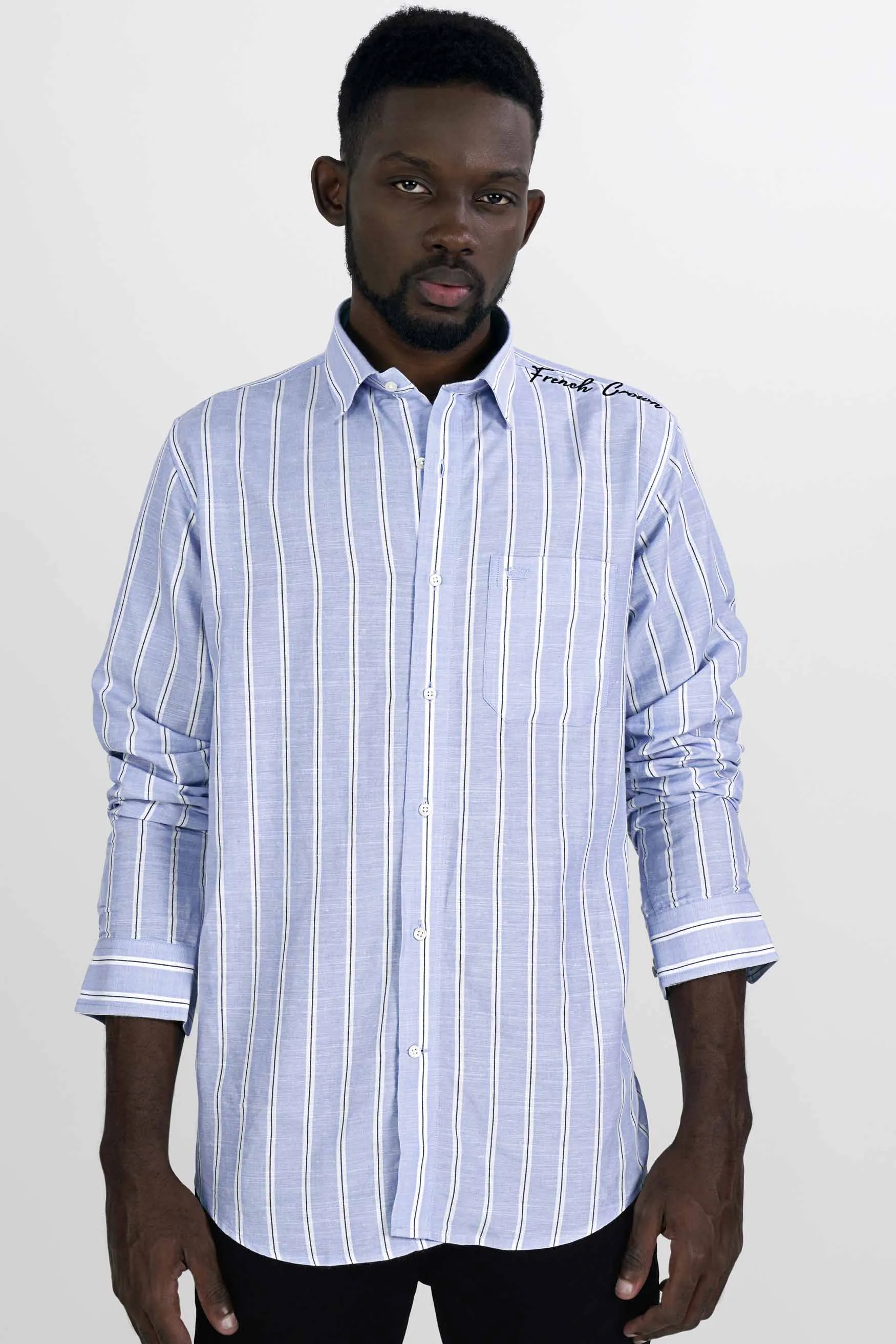 Periwinkle Blue and White Striped Embroidered Twill Premium Cotton Designer Signature Shirt sold by French Crown product image thumbnail 2