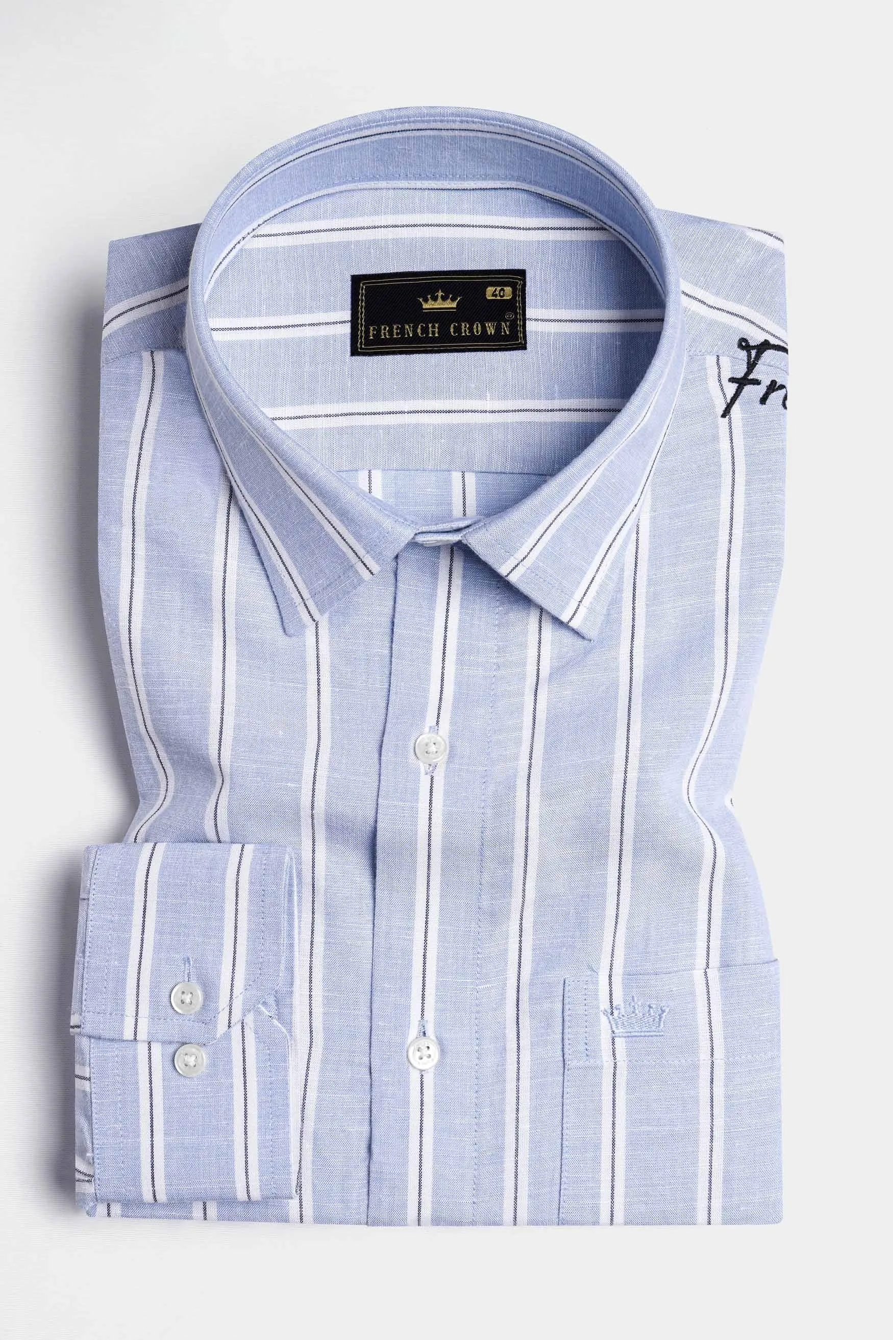 Periwinkle Blue and White Striped Embroidered Twill Premium Cotton Designer Signature Shirt sold by French Crown product image thumbnail 5