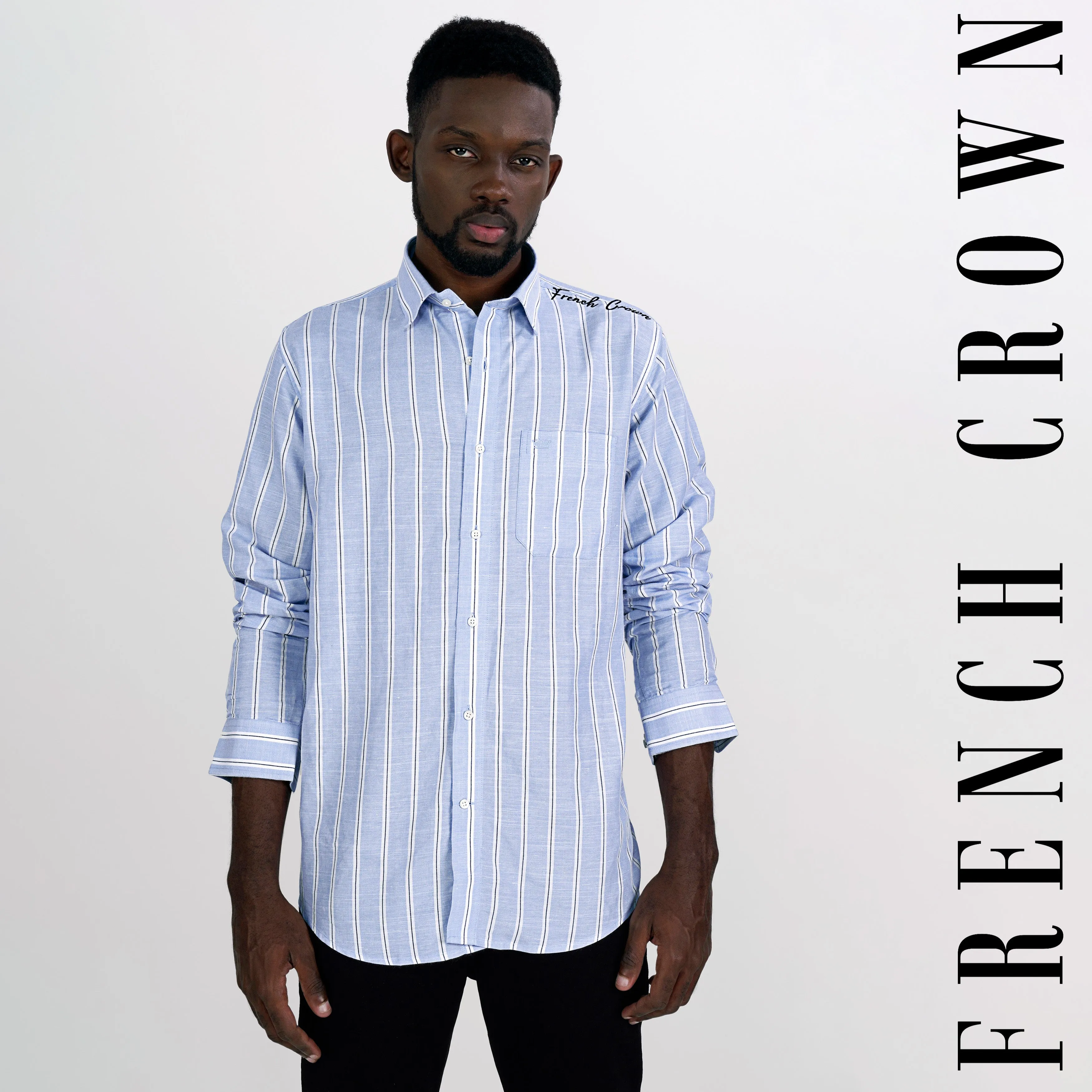 Periwinkle Blue and White Striped Embroidered Twill Premium Cotton Designer Signature Shirt sold by French Crown