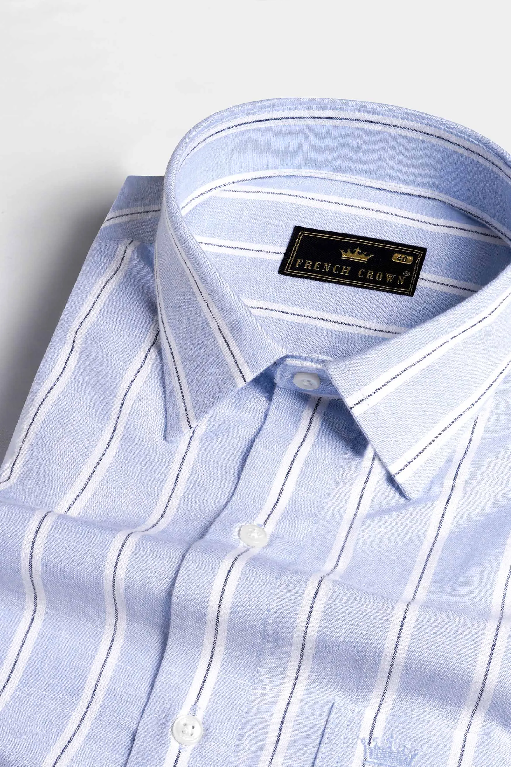 Periwinkle Blue and White Striped Embroidered Twill Premium Cotton Designer Signature Shirt sold by French Crown product image thumbnail 4