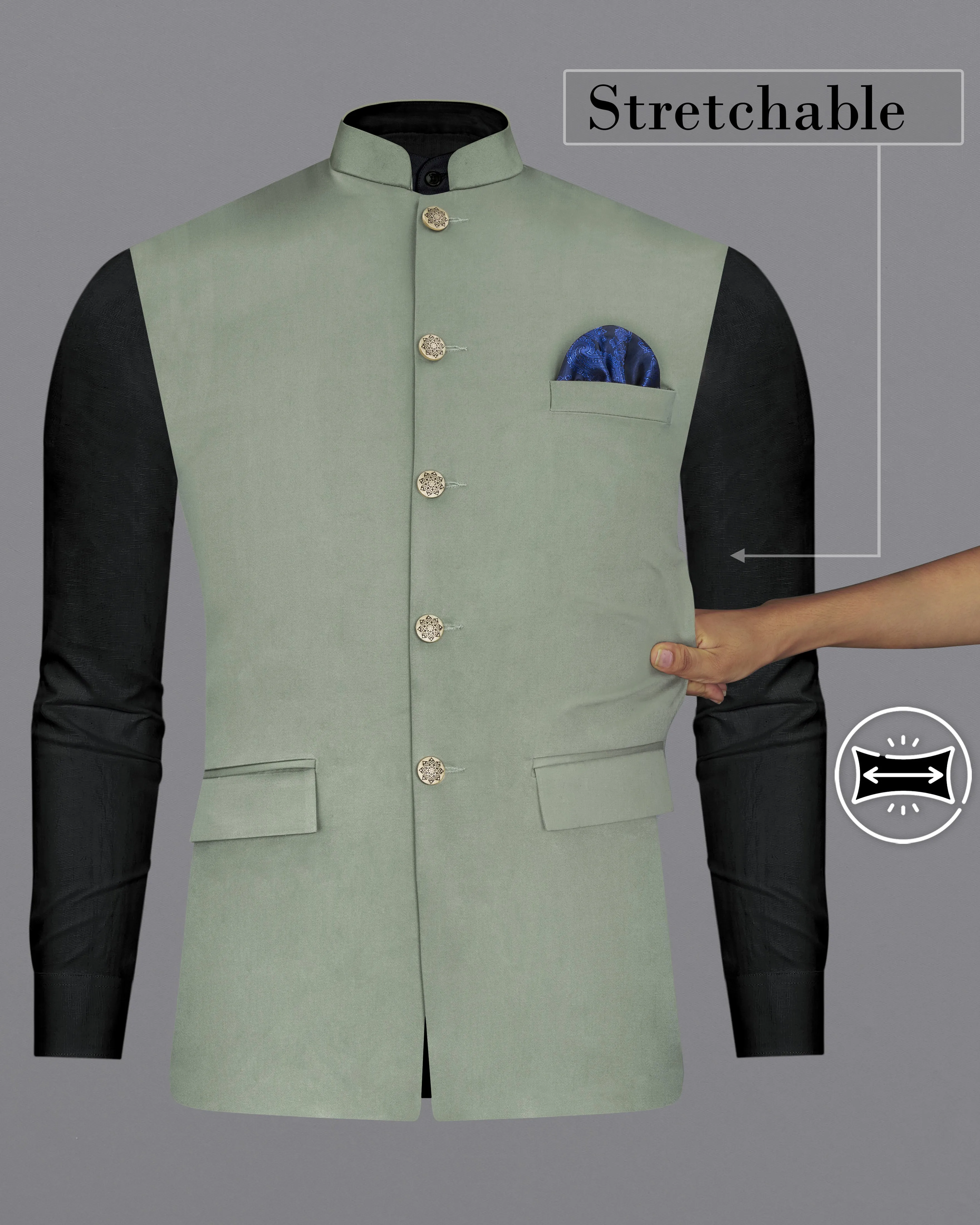 Granite Green Stretchable Premium Cotton Traveler Nehru Jacket sold by French Crown product image thumbnail 2