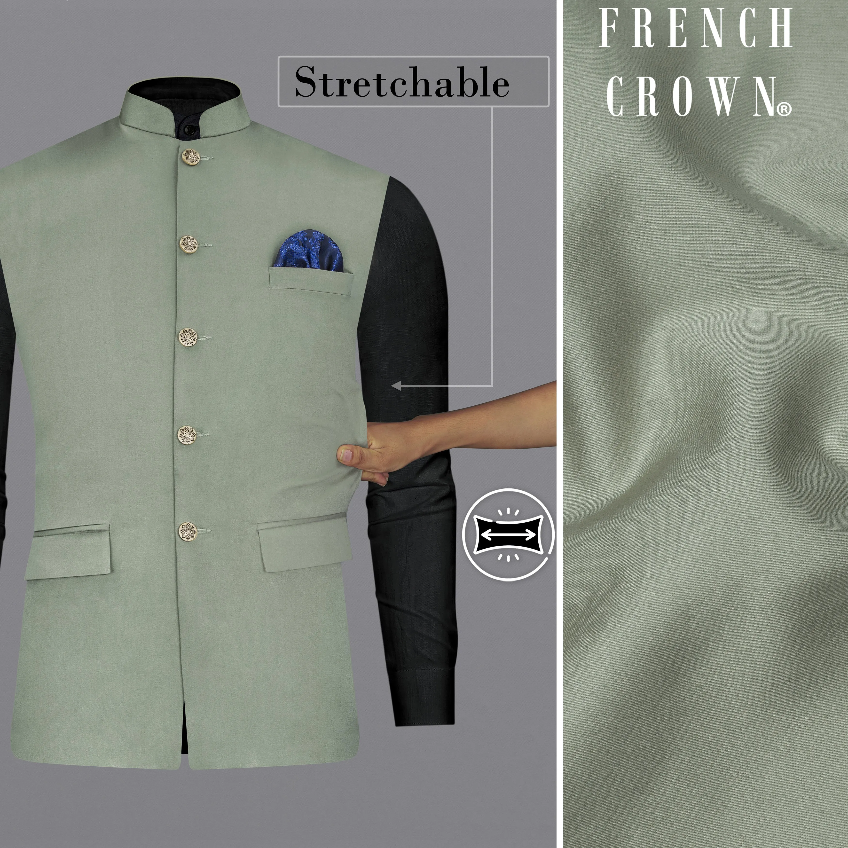 Granite Green Stretchable Premium Cotton Traveler Nehru Jacket sold by French Crown