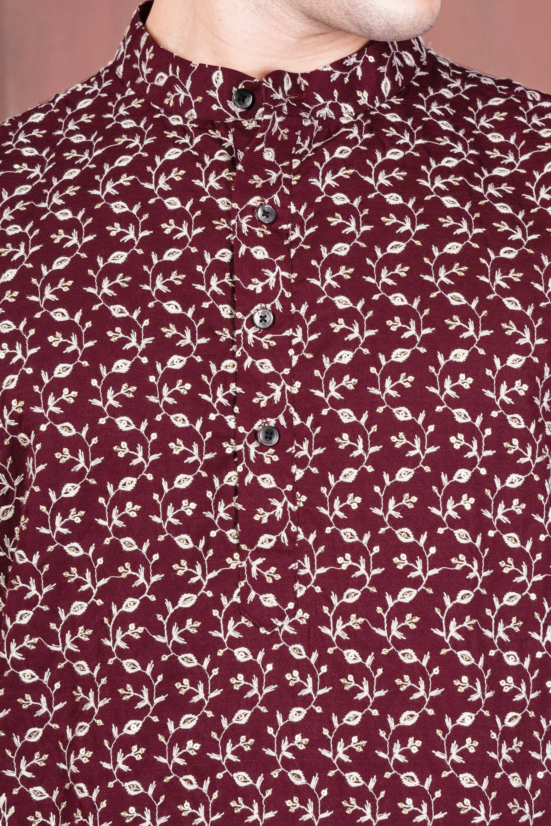 Mulberry Maroon Viscose Ditsy Embroidered With Tikki Work Designer Kurta sold by French Crown product image thumbnail 4