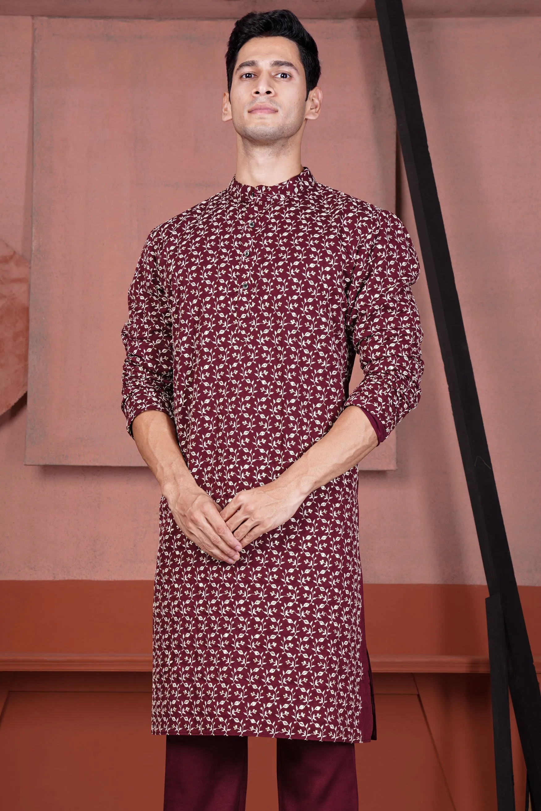 Mulberry Maroon Viscose Ditsy Embroidered With Tikki Work Designer Kurta sold by French Crown product image thumbnail 5