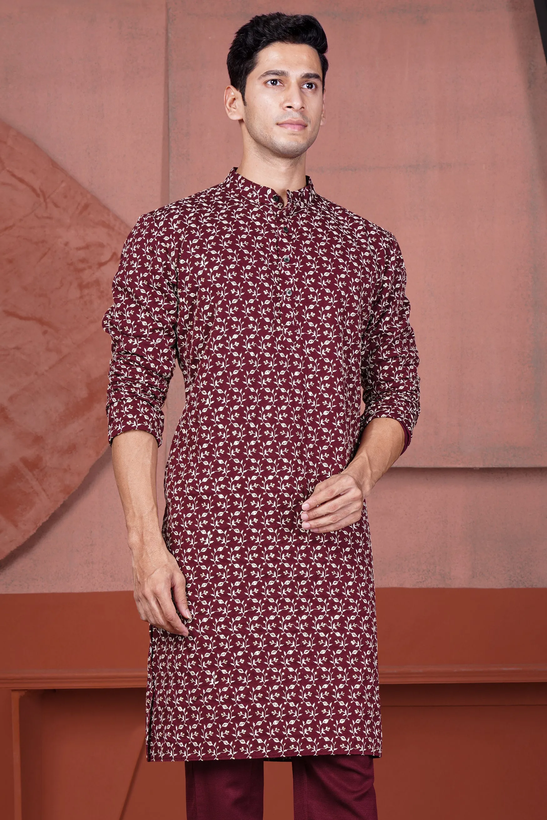 Mulberry Maroon Viscose Ditsy Embroidered With Tikki Work Designer Kurta sold by French Crown product image thumbnail 2