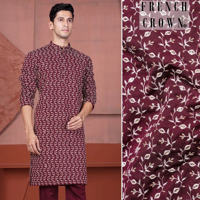 Mulberry Maroon Viscose Ditsy Embroidered With Tikki Work Designer Kurta sold by French Crown