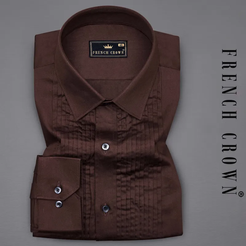 Sambuca Brown Subtle Sheen Snake Pleated Super Soft Premium Cotton Tuxedo Shirt sold by French Crown