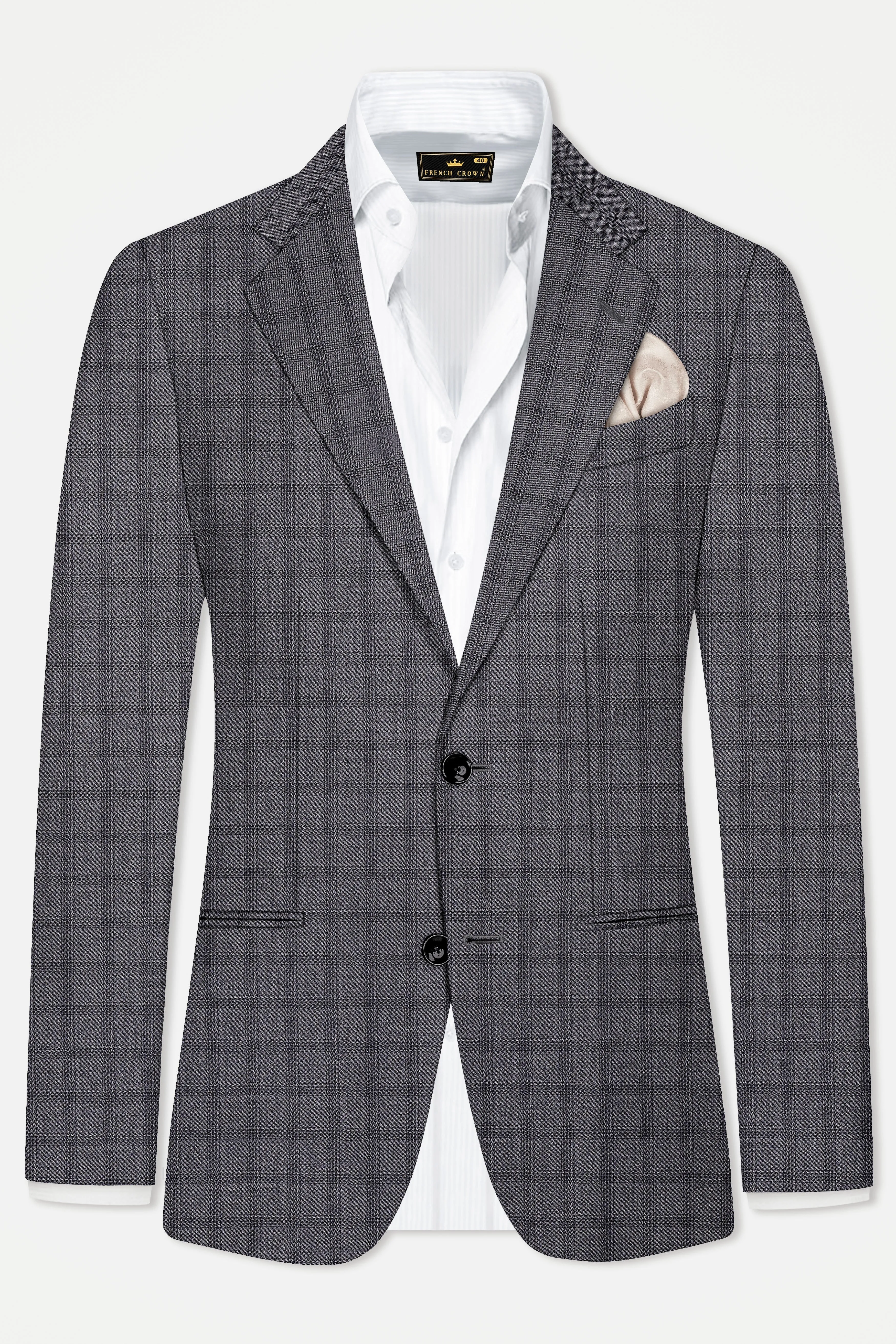 Gravel Gray Checked Wool Blend Single Breasted Blazer sold by French Crown product image thumbnail 2