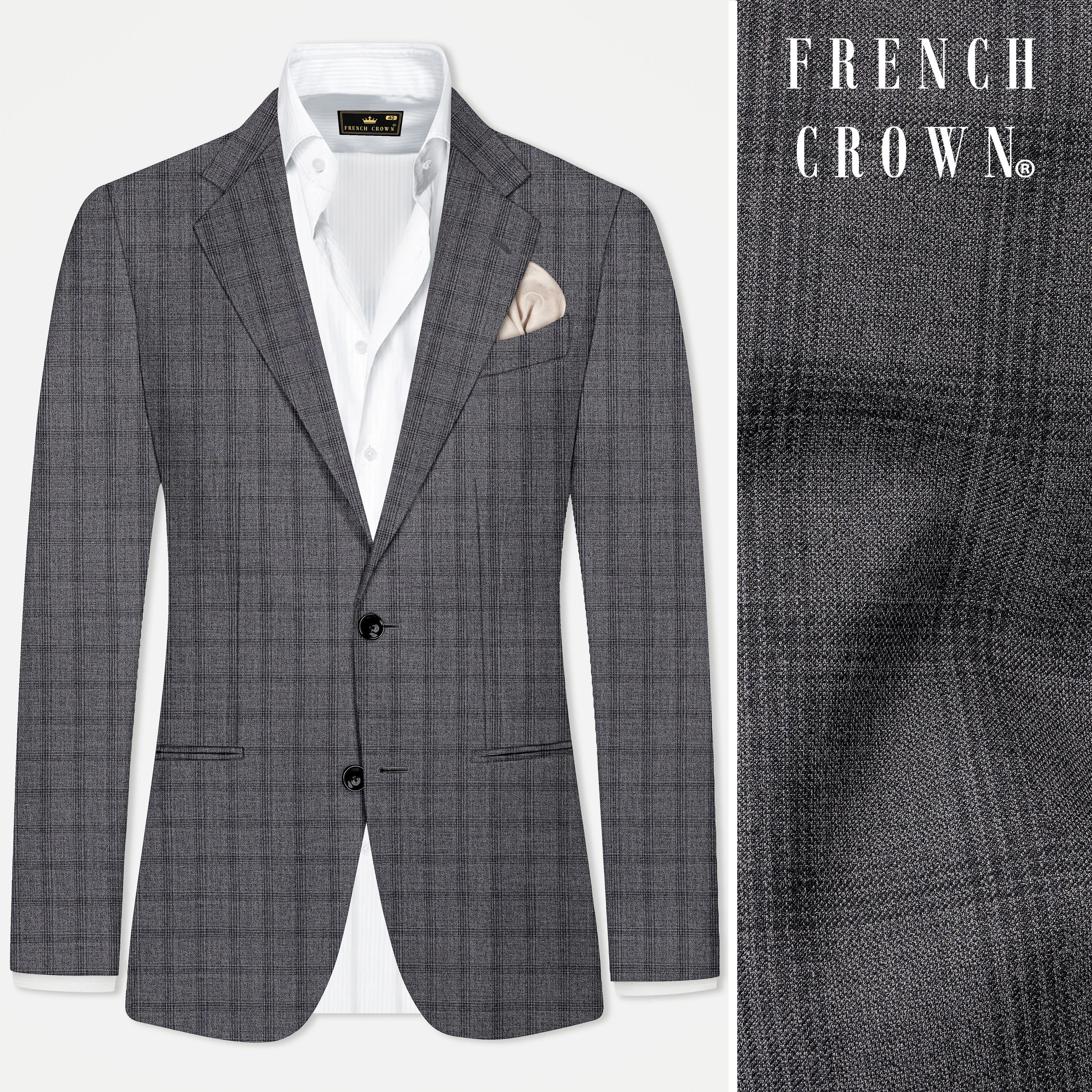 Gravel Gray Checked Wool Blend Single Breasted Blazer sold by French Crown