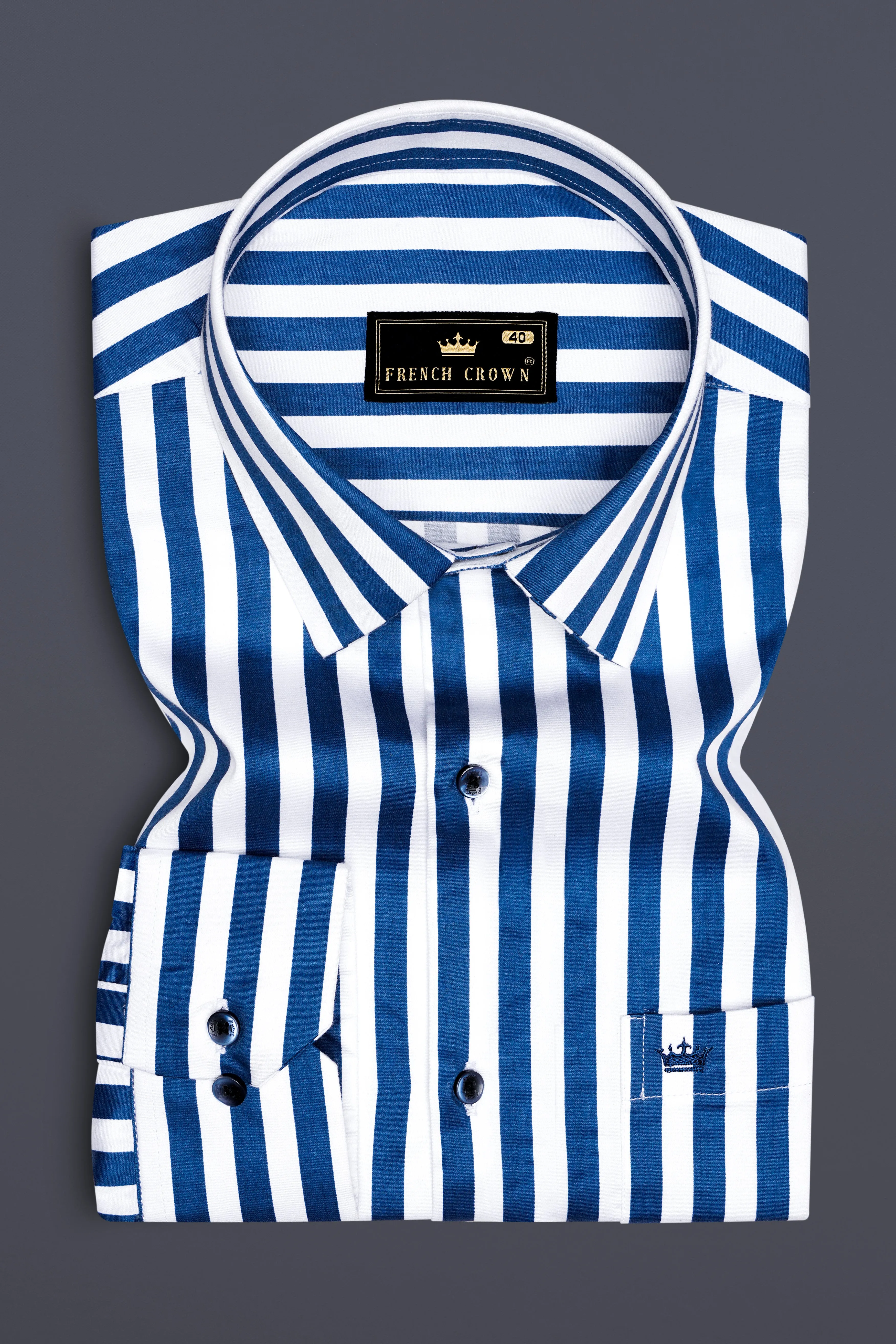 Regal Blue and Bright White Striped Subtle Sheen Super Soft Premium Cotton Designer Shirt sold by French Crown product image thumbnail 4