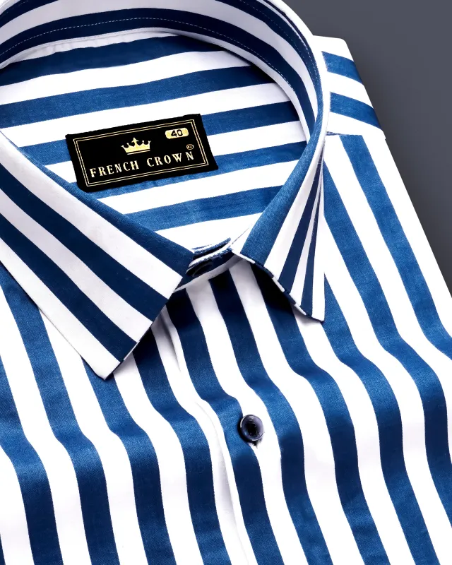 Regal Blue and Bright White Striped Subtle Sheen Super Soft Premium Cotton Designer Shirt sold by French Crown