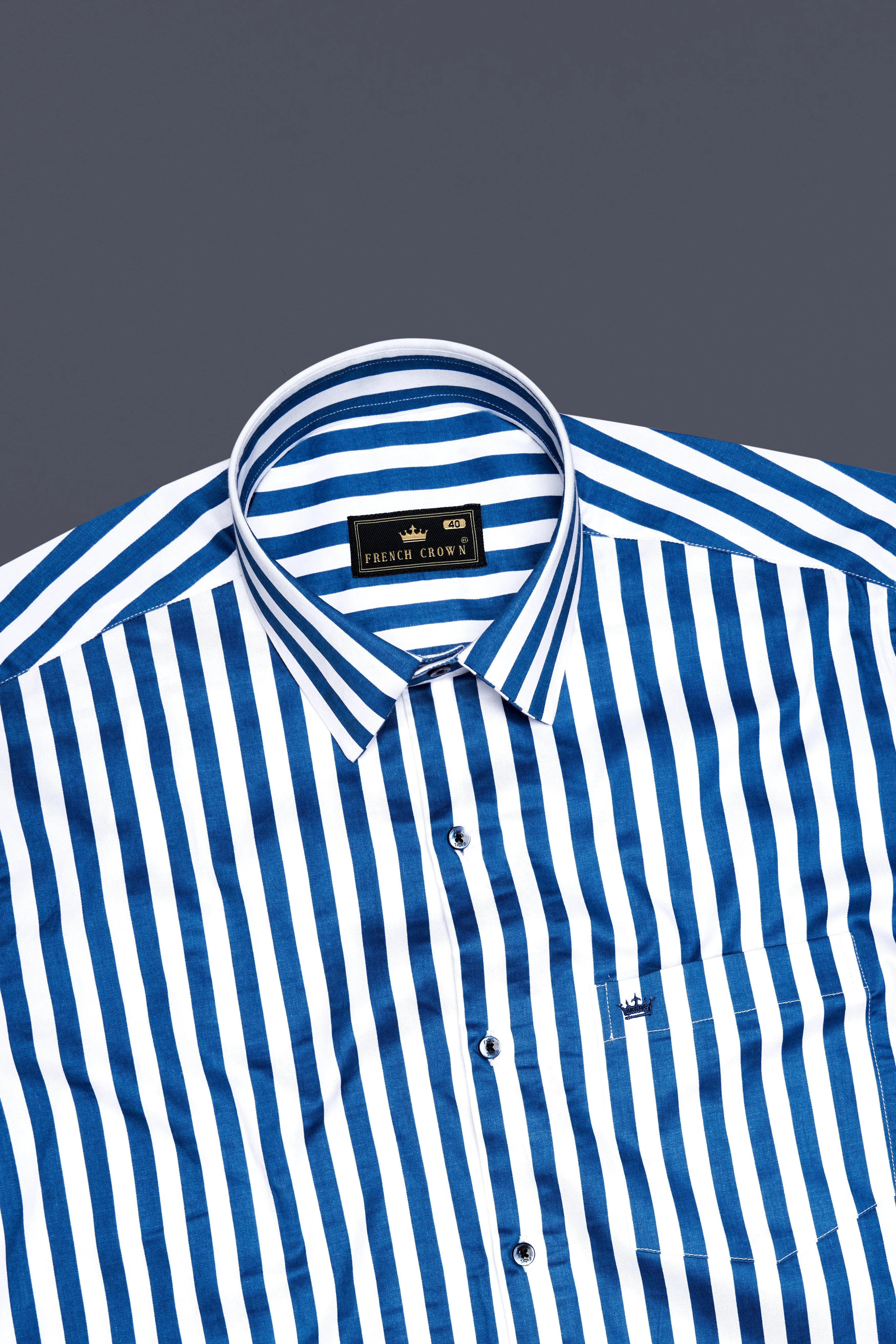 Regal Blue and Bright White Striped Subtle Sheen Super Soft Premium Cotton Designer Shirt sold by French Crown product image thumbnail 5