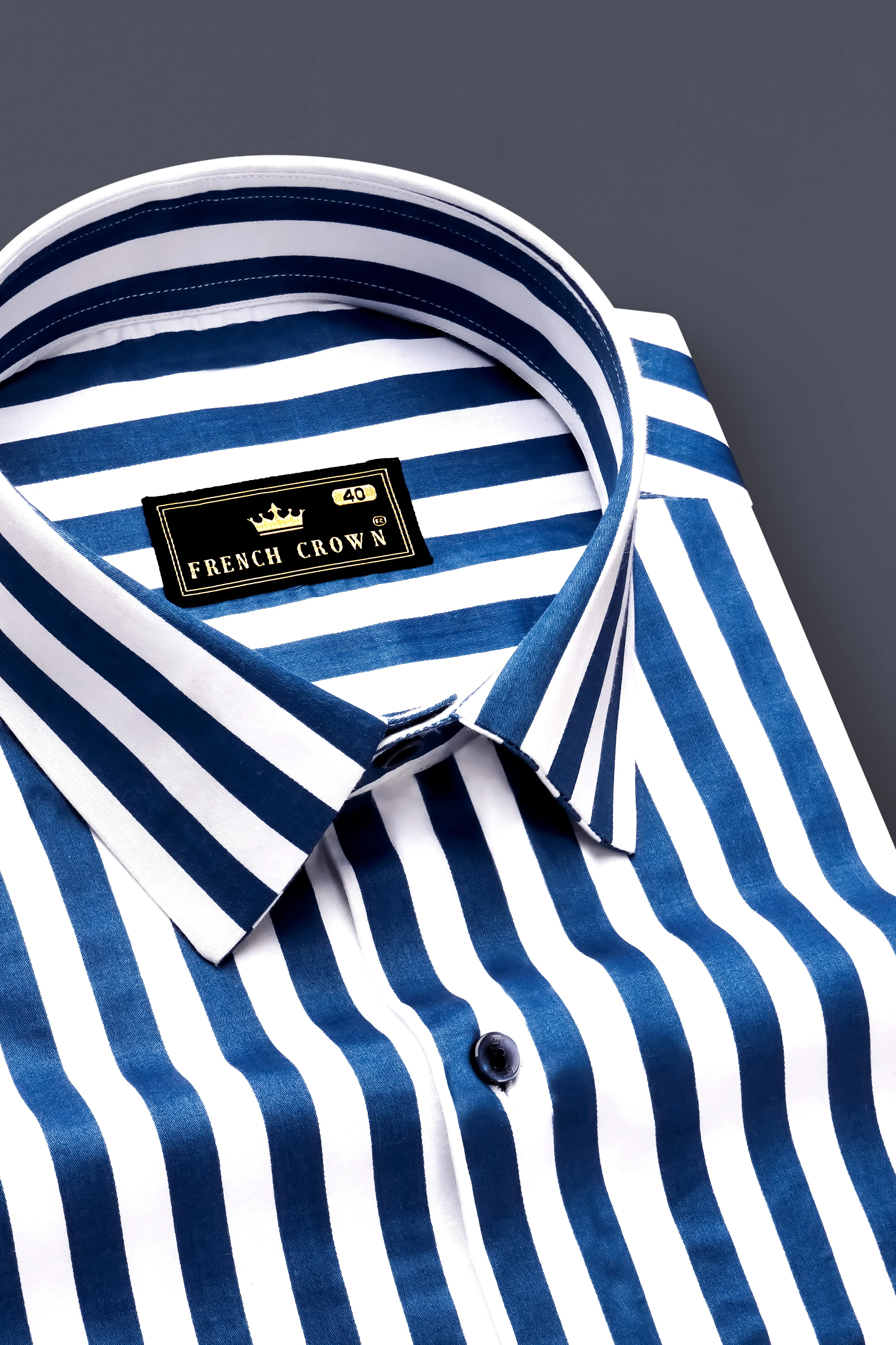 Regal Blue and Bright White Striped Subtle Sheen Super Soft Premium Cotton Designer Shirt sold by French Crown product image thumbnail 2