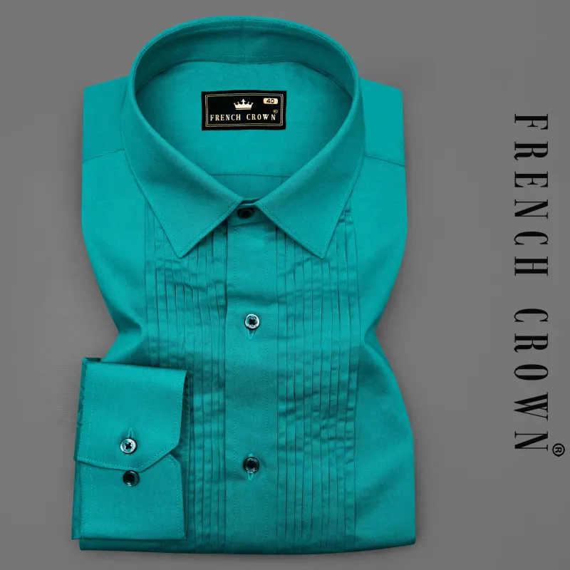 Teal Blue Subtle Sheen Snake Pleated Super Soft Premium Cotton Tuxedo Shirt sold by French Crown